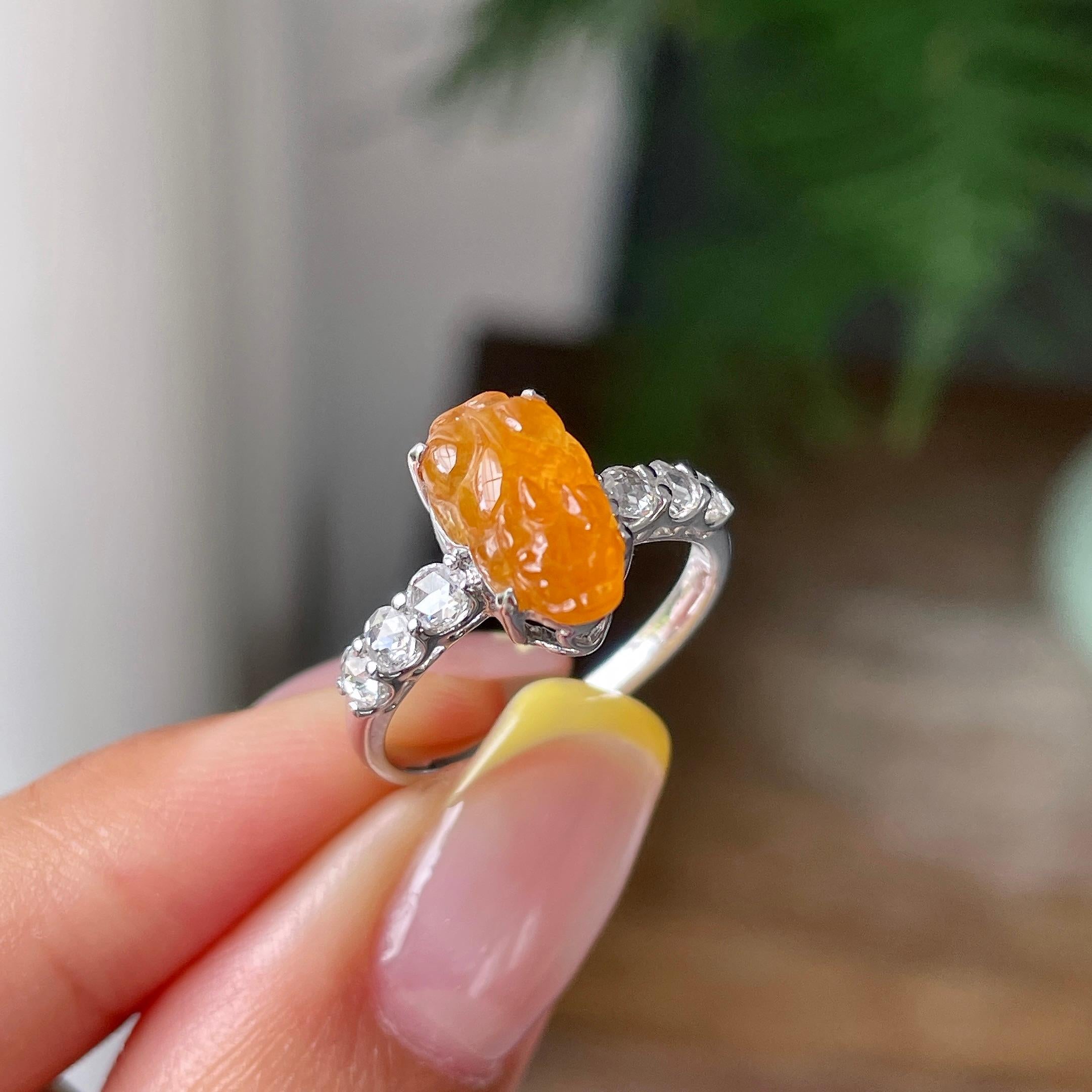 18金钻镶冰种黄翡貔貅戒指    天然缅甸A货翡翠（yc362142）