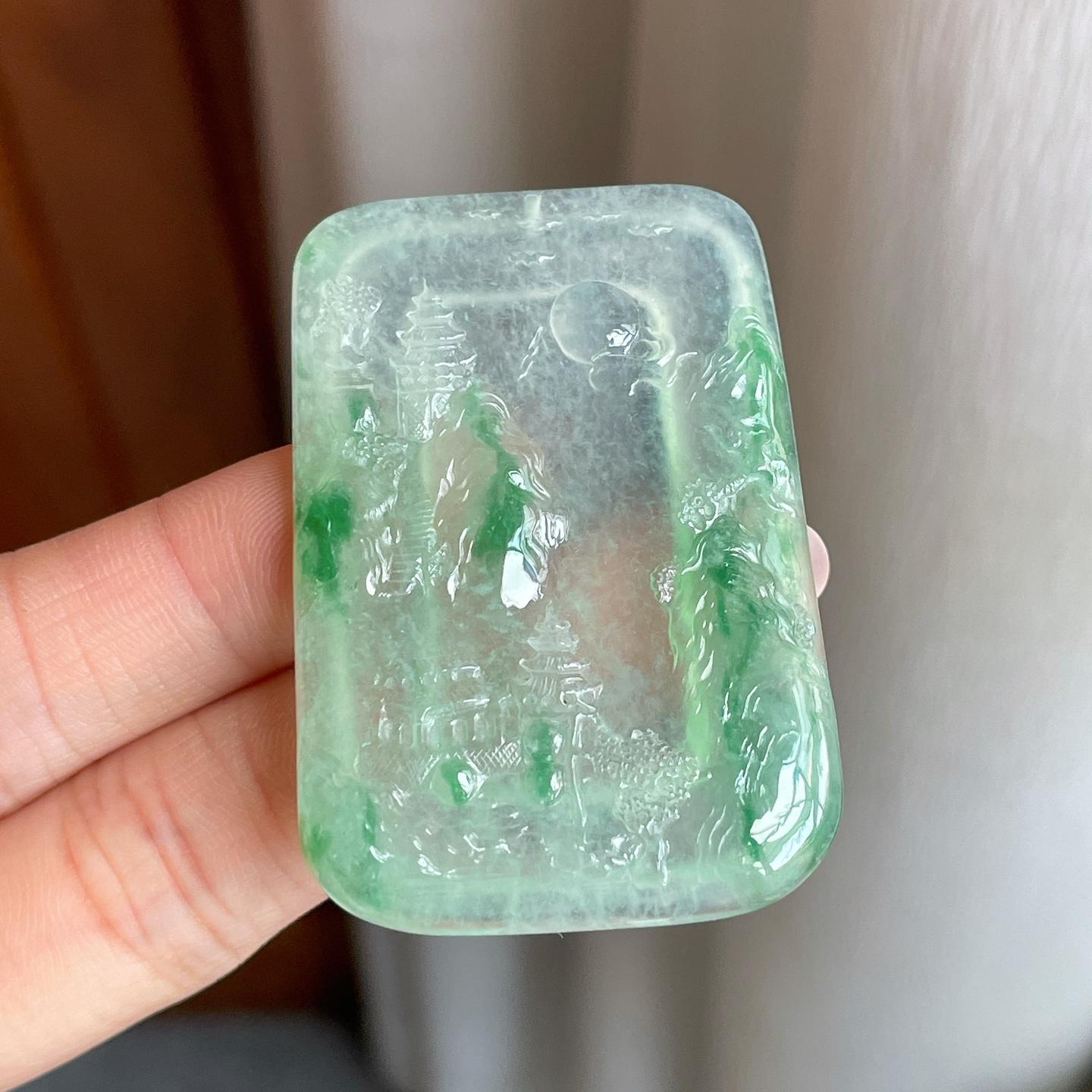 冰种飘花翡翠山水牌（yc303803）