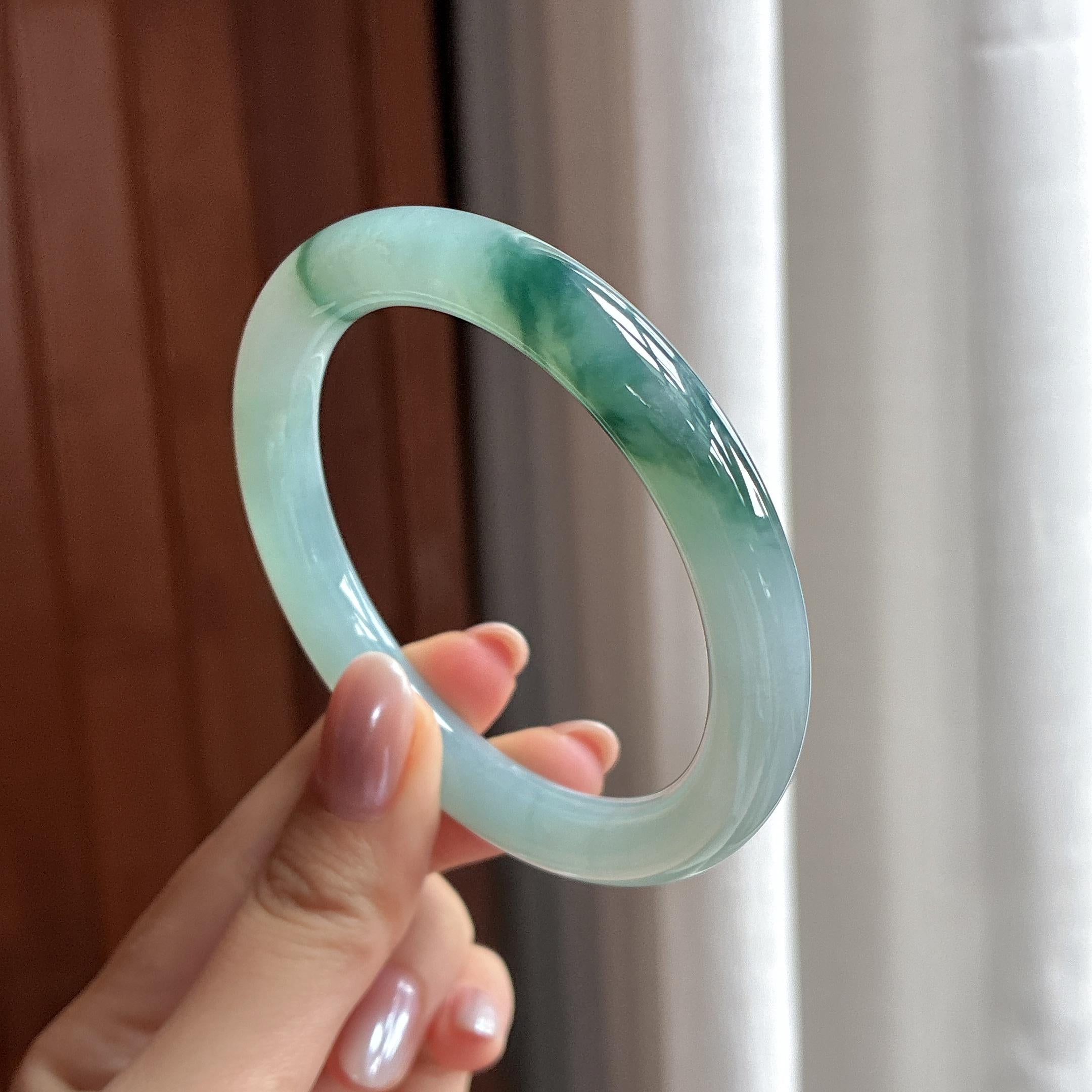 糯冰飘花圆条手镯 56圈 天然缅甸A货翡翠（yc497875）