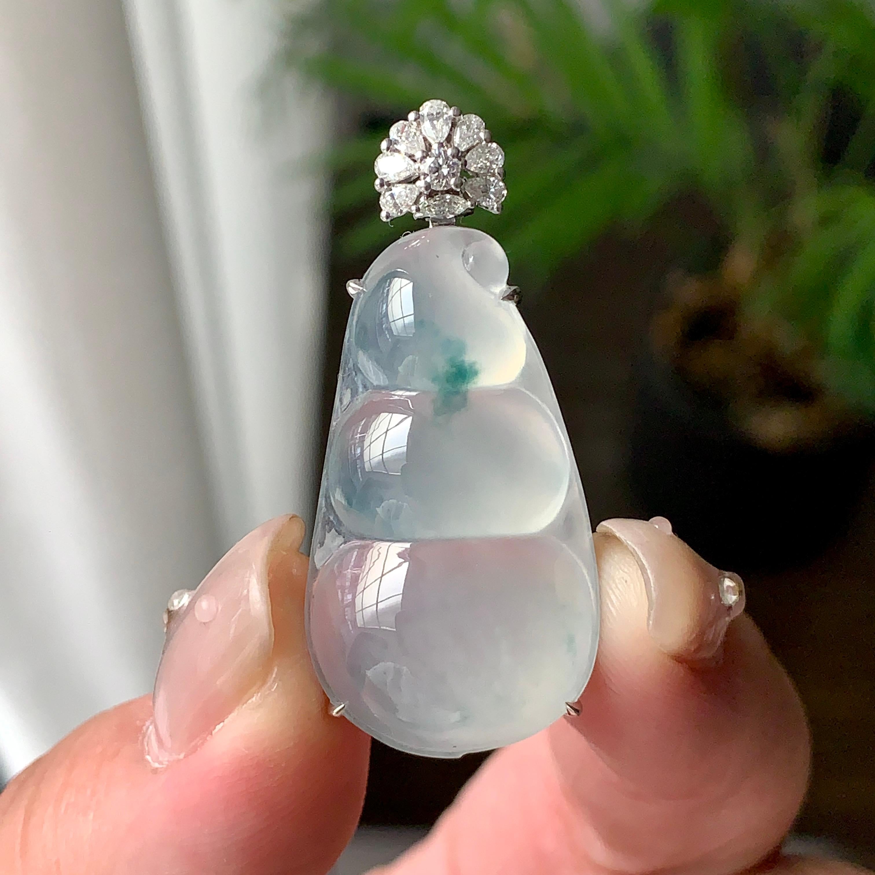18K金钻镶冰种飘蓝花福豆吊坠  天然缅甸A货翡翠（yc454850）