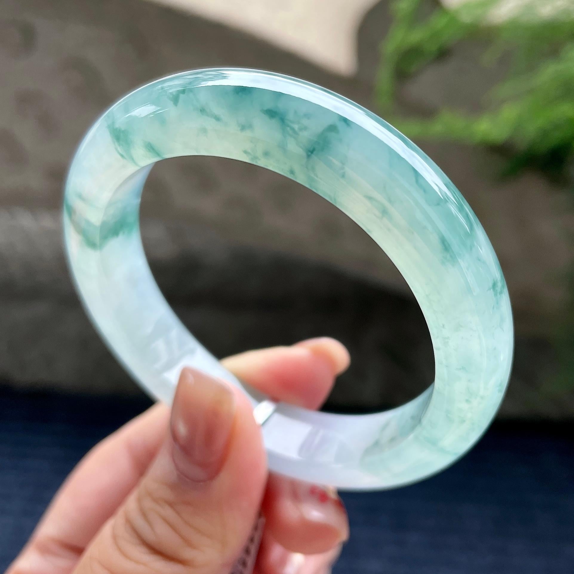 小圈口  冰种飘蓝花正圈平安镯53圈口  天然缅甸A货翡翠（yc350664）