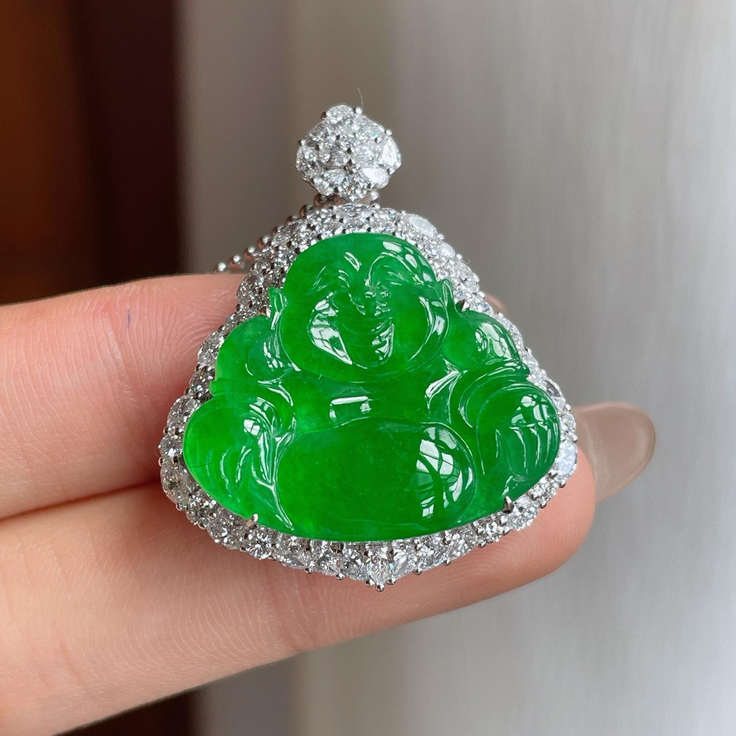 18k金镶冰种满绿翡翠佛公（yc247157）