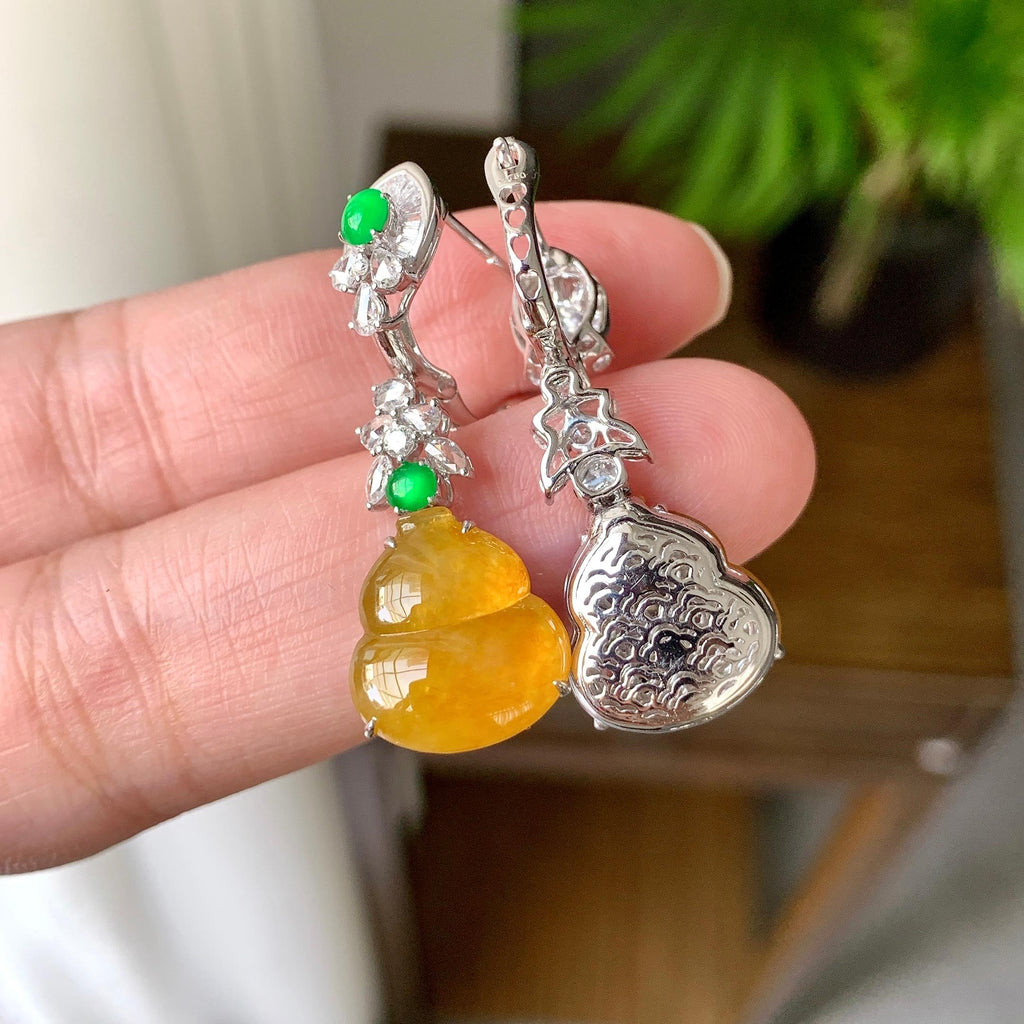 18K金钻镶糯冰种黄翡葫芦耳坠（yc248199）