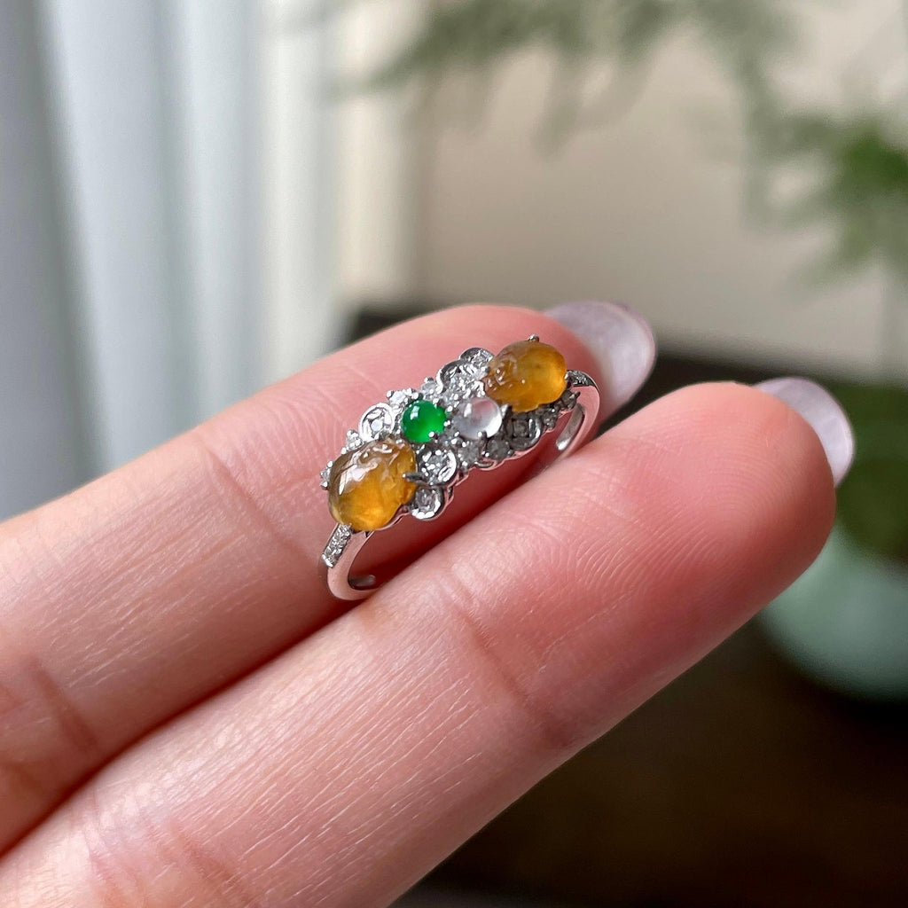 18k金钻镶冰种黄翡貔貅戒指   天然缅甸A货翡翠（yc315843）