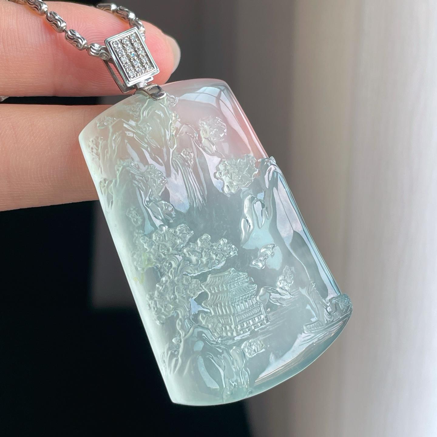 18k金扣冰玻种淡底色翡翠山水牌（yc379977）