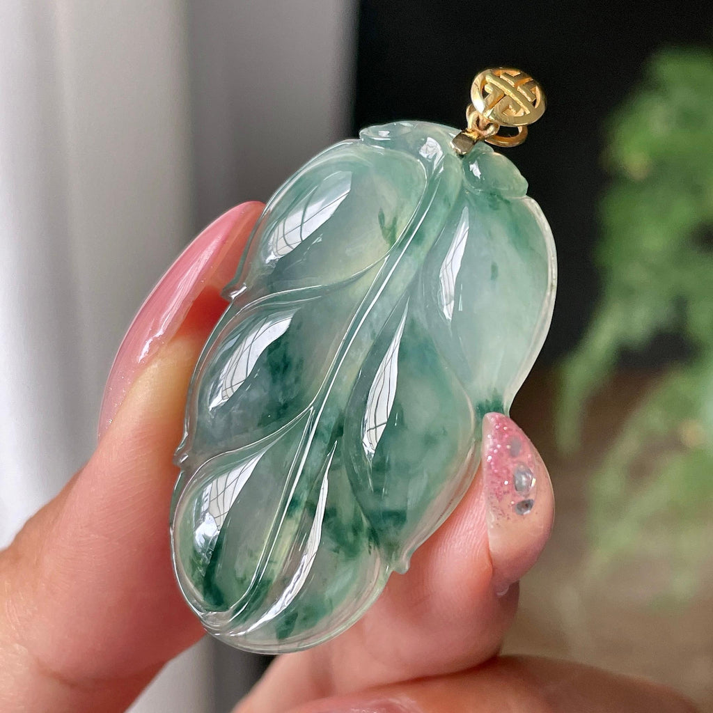 18k金镶糯冰种飘花叶子吊坠      天然缅甸A货翡翠（yc430740）
