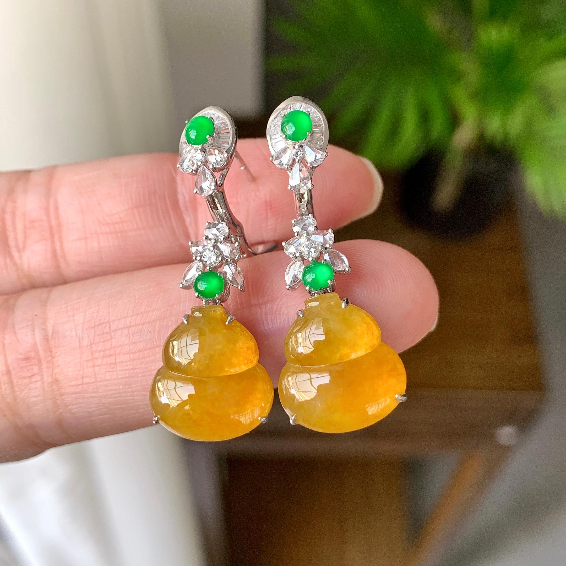 18K金钻镶糯冰种黄翡葫芦耳坠（yc248199）