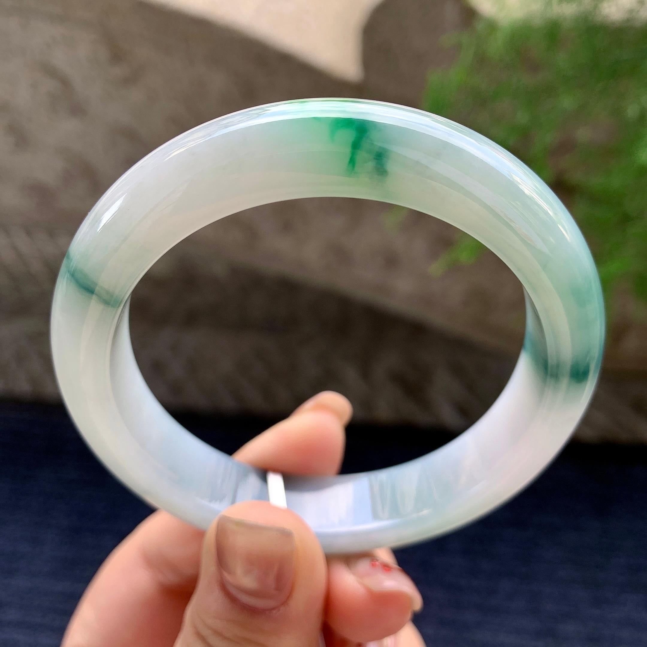 细糯种飘蓝花正圈平安镯 57.5圈口 天然缅甸A货翡翠（yc352946）