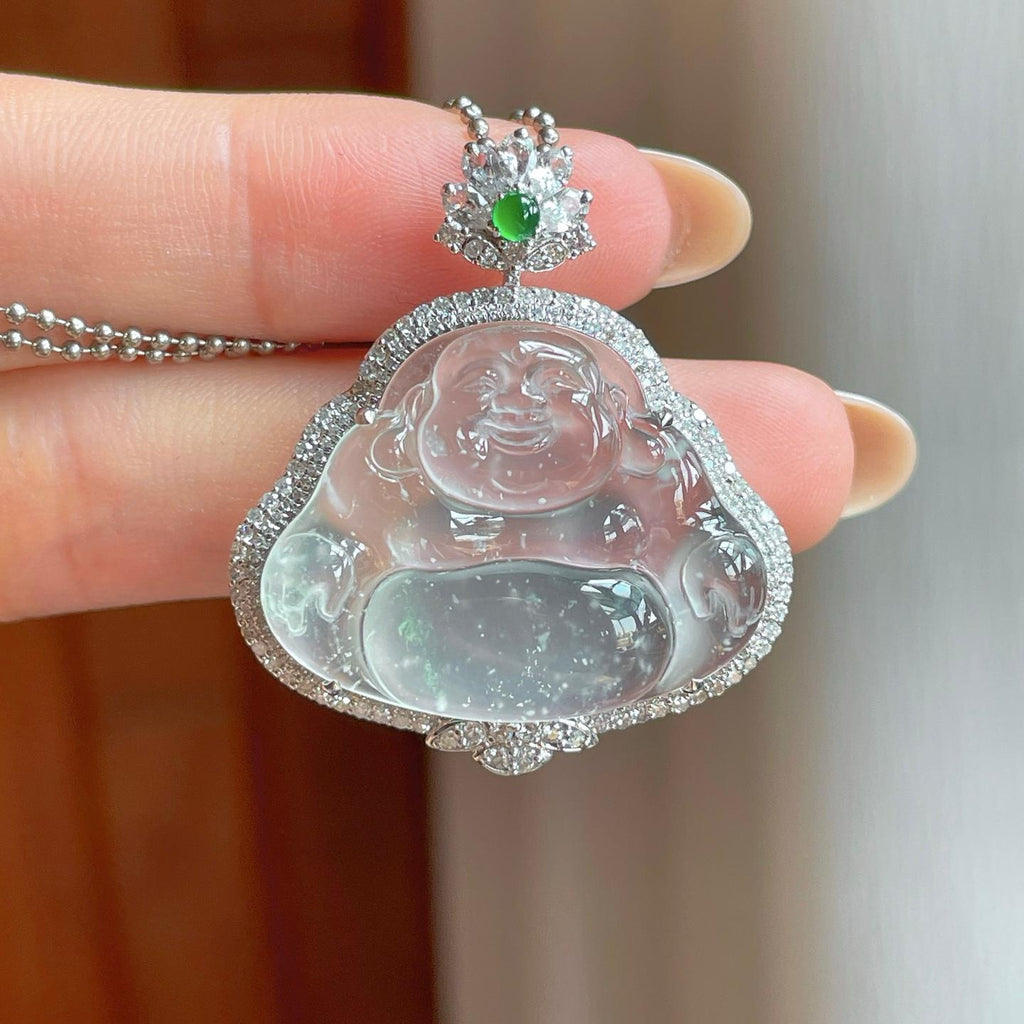 18k金镶冰玻种雪花棉翡翠佛公（yc370418）