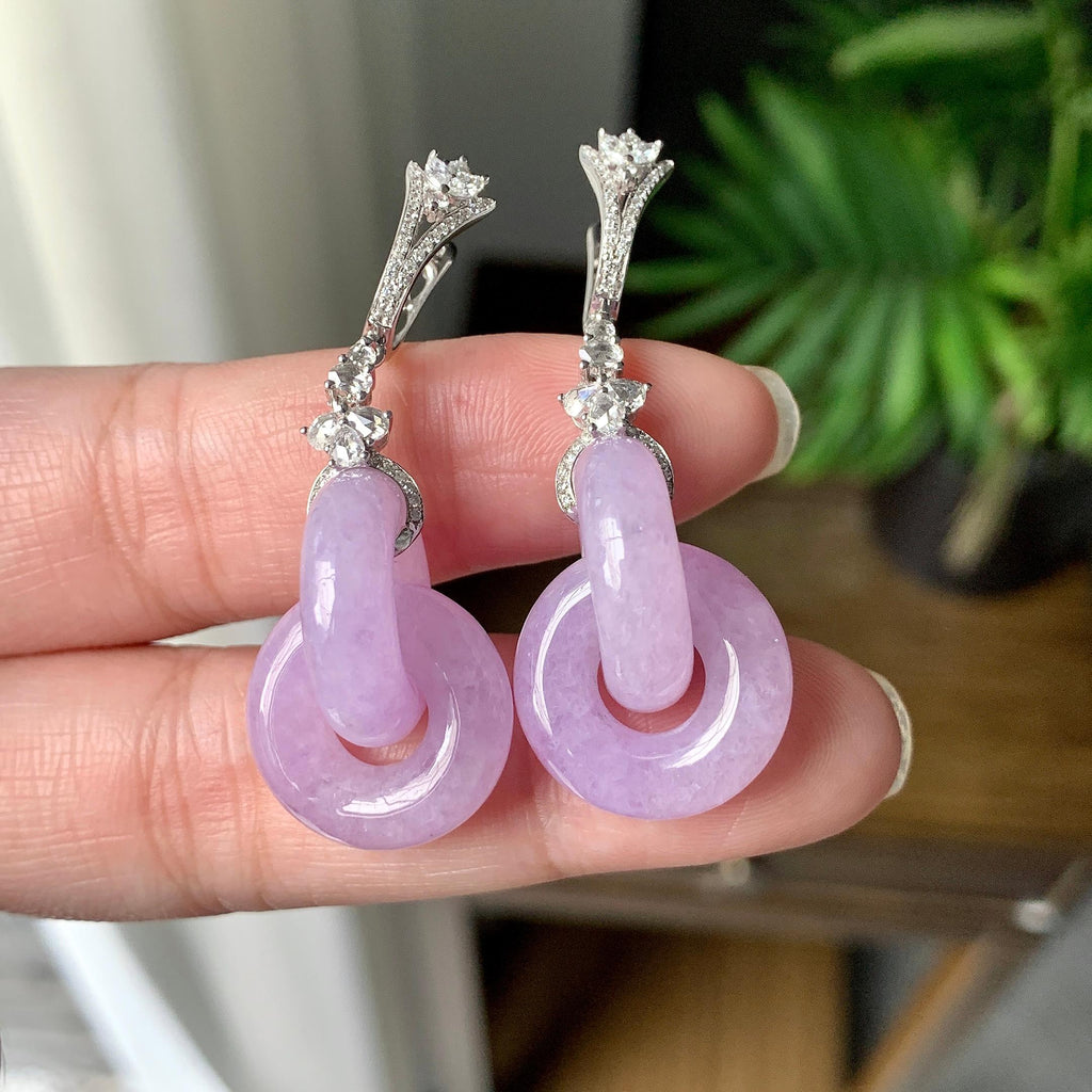 18K金钻镶糯冰种紫罗兰环环相扣耳坠（yc253840）