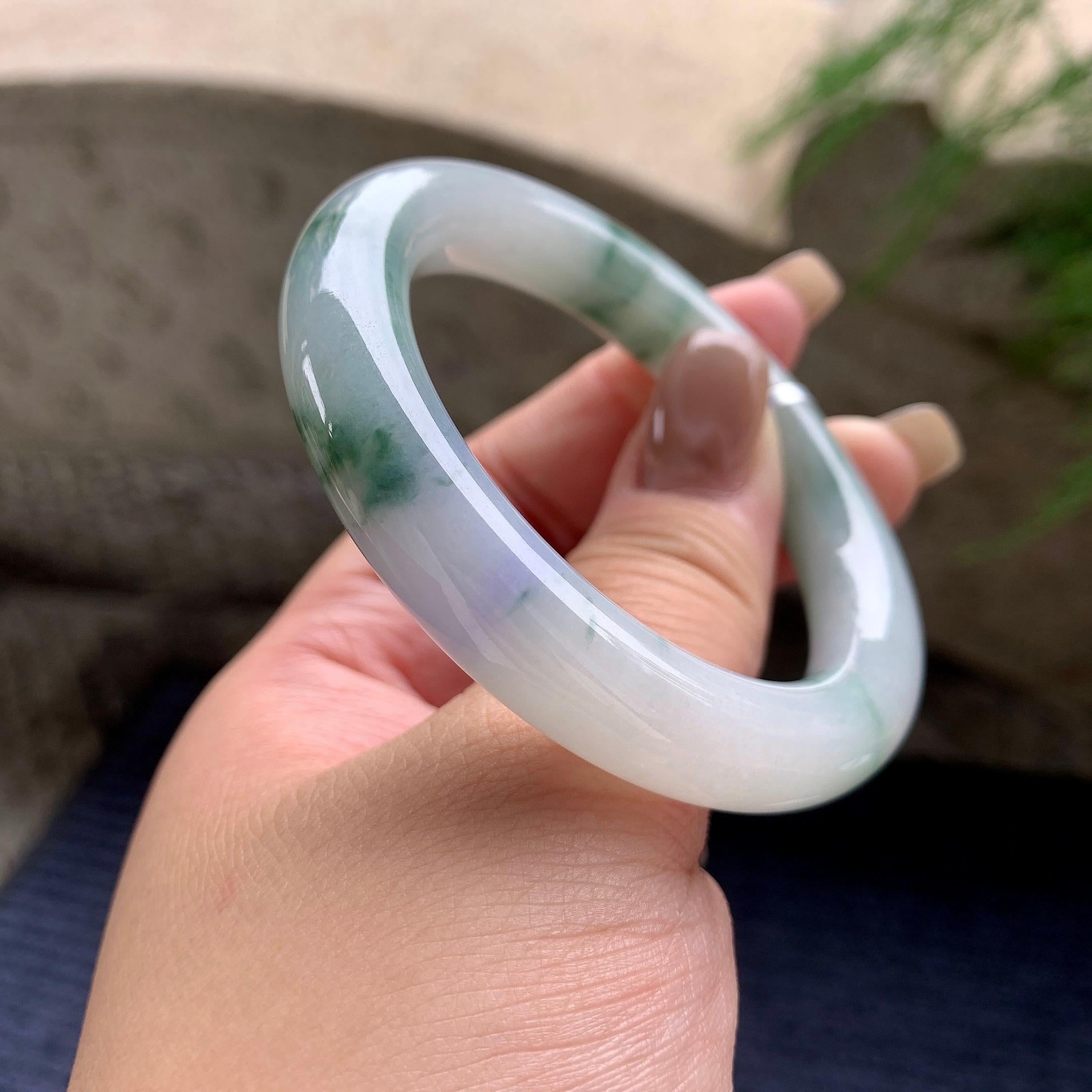 小圈口  细糯种紫罗兰飘蓝花圆条手镯  50.9圈口  天然缅甸A货翡翠（yc439191）