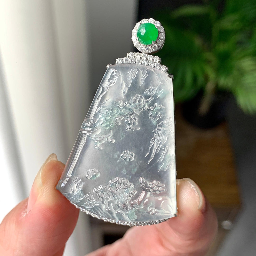 18K金钻镶冰种山水牌吊坠（yc255621）