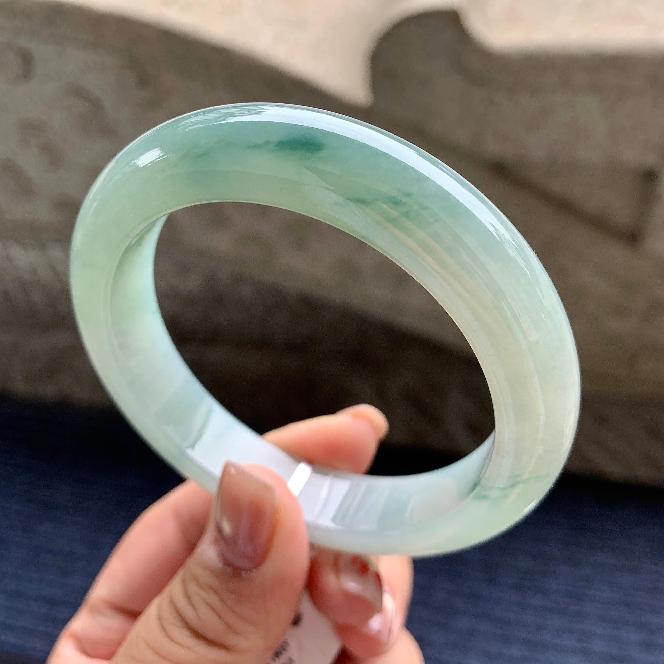 大圈口 细糯种飘蓝花正圈平安镯 58.8圈口 天然缅甸A货翡翠（yc345056）