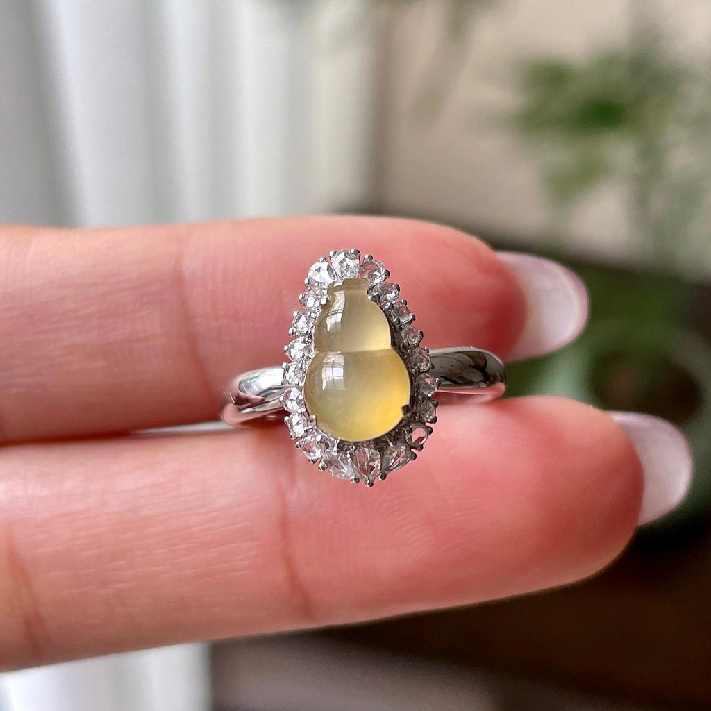 18k金钻镶冰种黄翡葫芦戒指天然缅甸A货翡翠（yc321387）