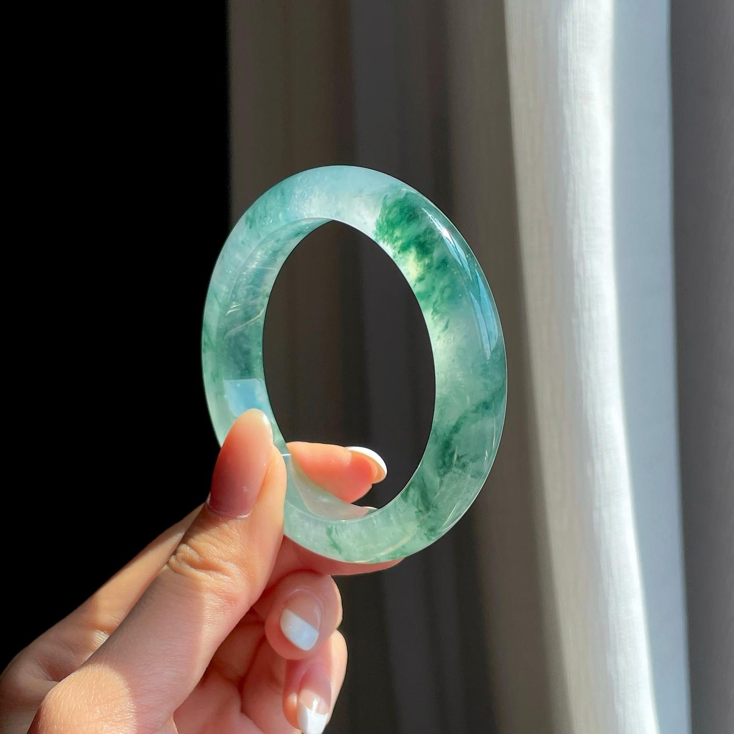 冰玻种飘花翡翠平安镯（52.5mm)（yc374857）