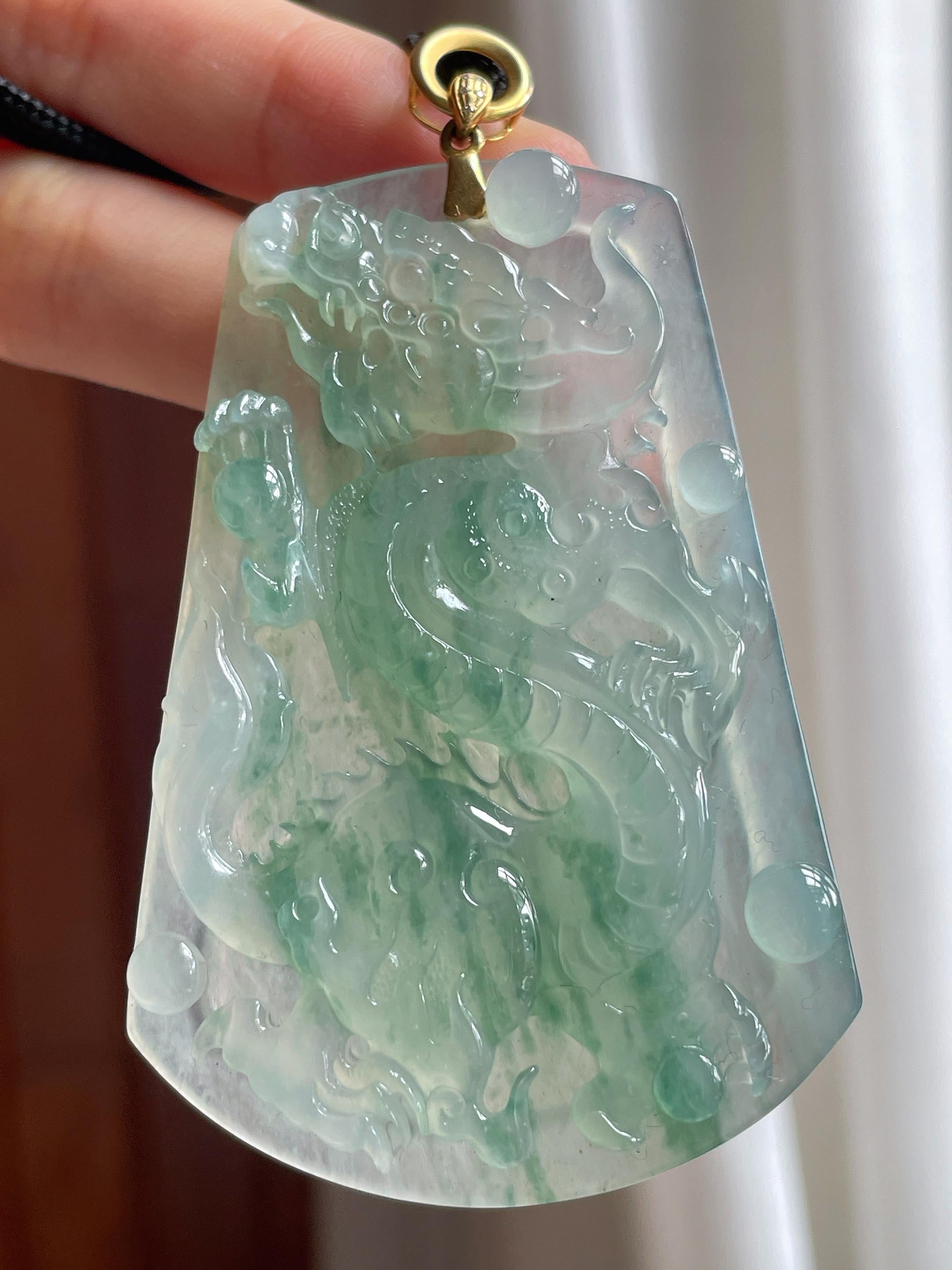 18K金扣头冰种飘花龙牌挂件 天然缅甸Ａ货翡翠（yc495321）