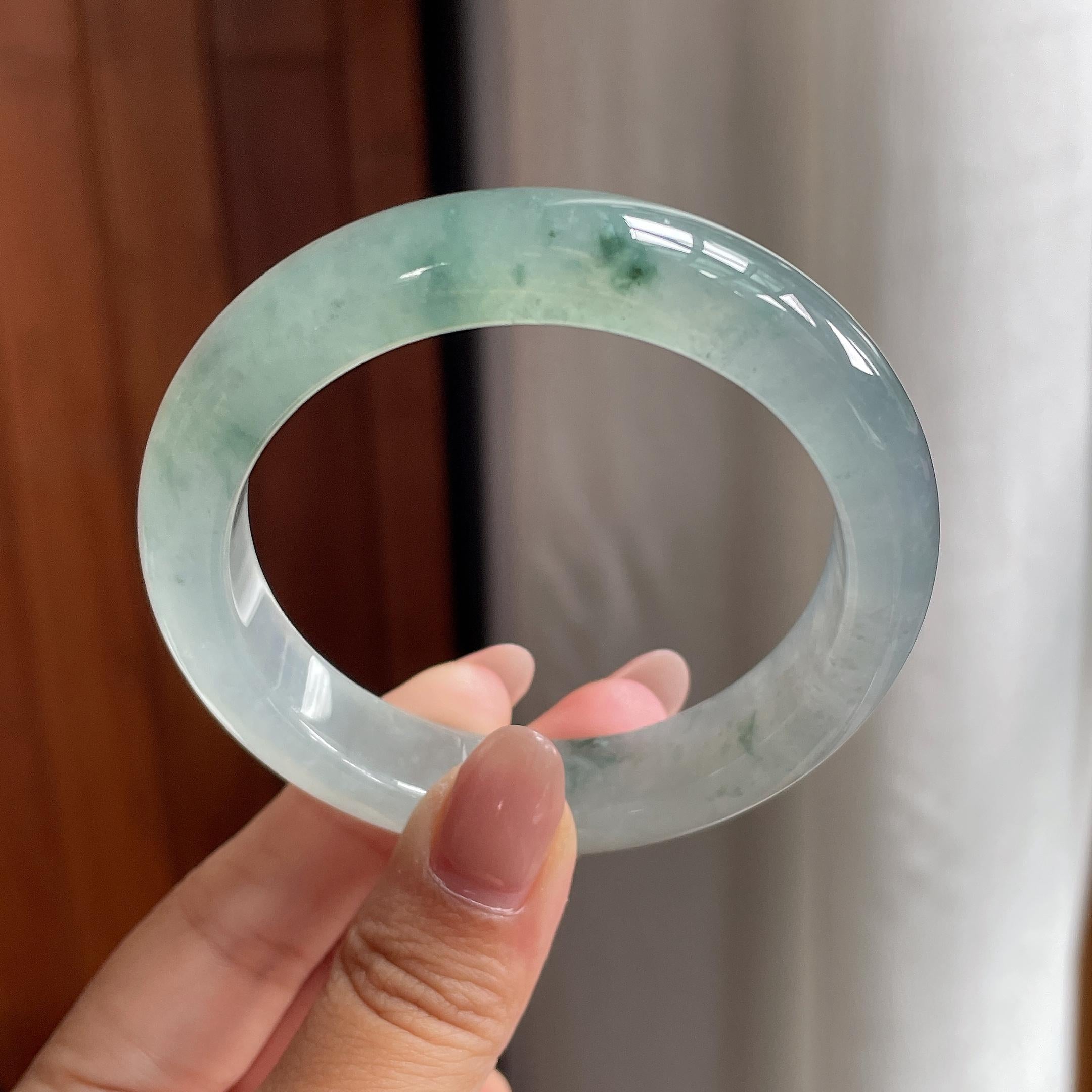 冰种起光飘花正圈平安镯 52圈 天然缅甸A货翡翠（yc533892）