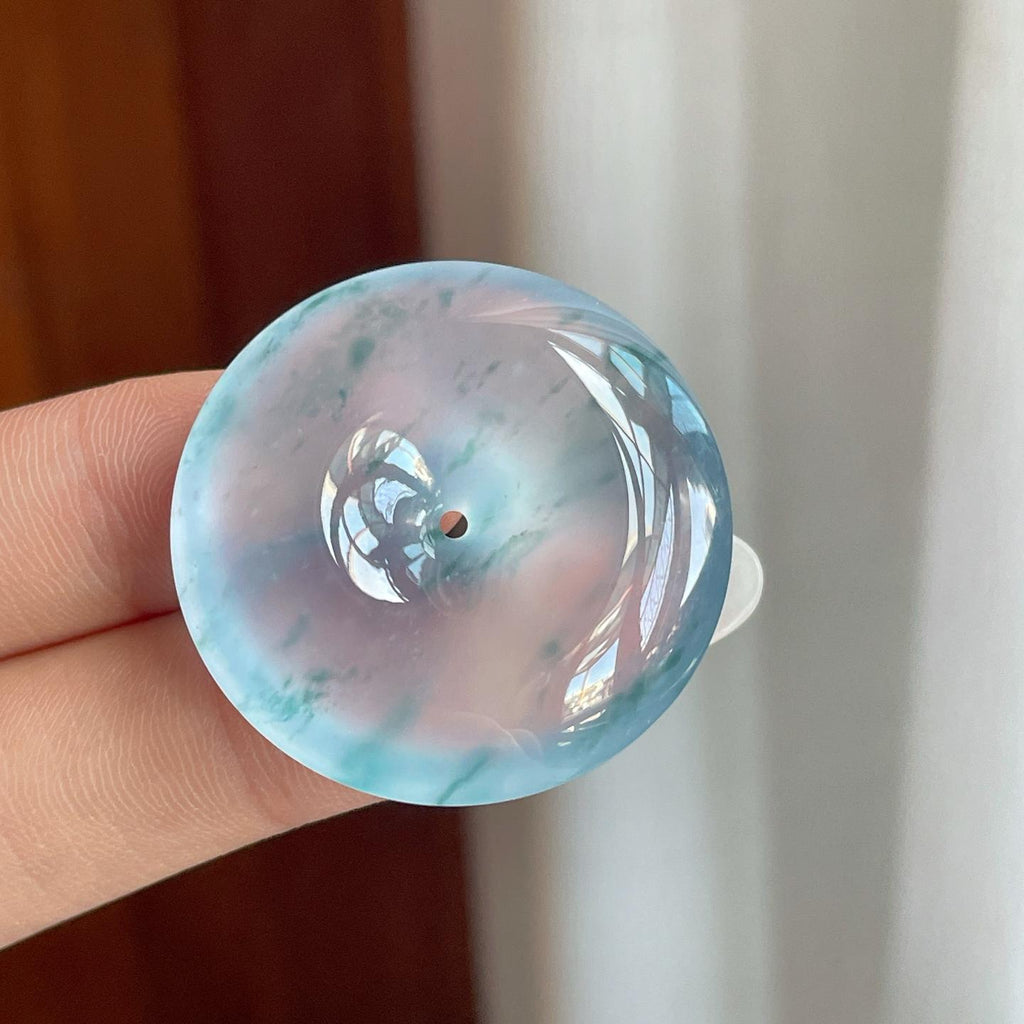 冰玻种飘蓝花翡翠平安扣（yc258419）