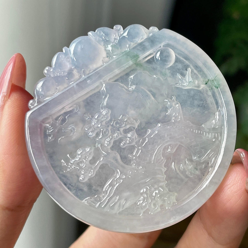 糯冰种飘花山水圆牌挂件        天然缅甸A货翡翠（yc427817）