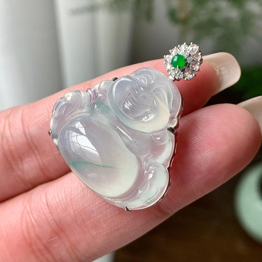 18K金钻镶糯冰种飘绿花佛公吊坠  天然缅甸A货翡翠（yc421352）
