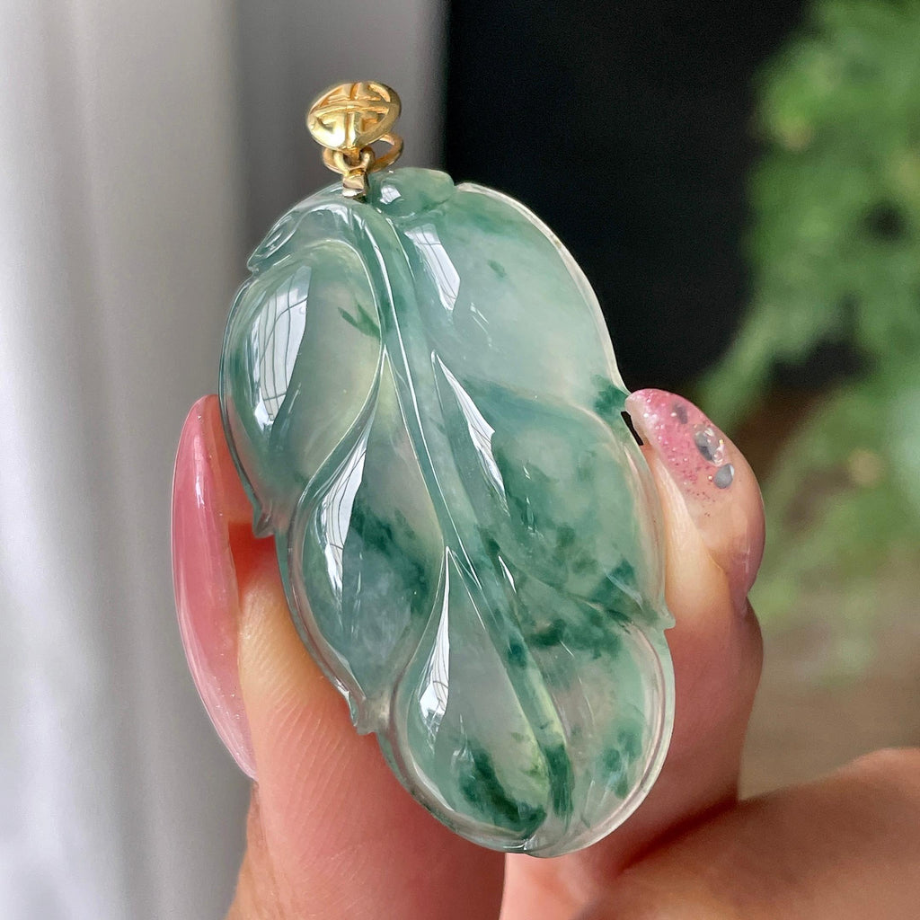 18k金镶糯冰种飘花叶子吊坠      天然缅甸A货翡翠（yc430740）