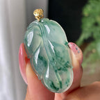18k金镶糯冰种飘花叶子吊坠      天然缅甸A货翡翠（yc430740）
