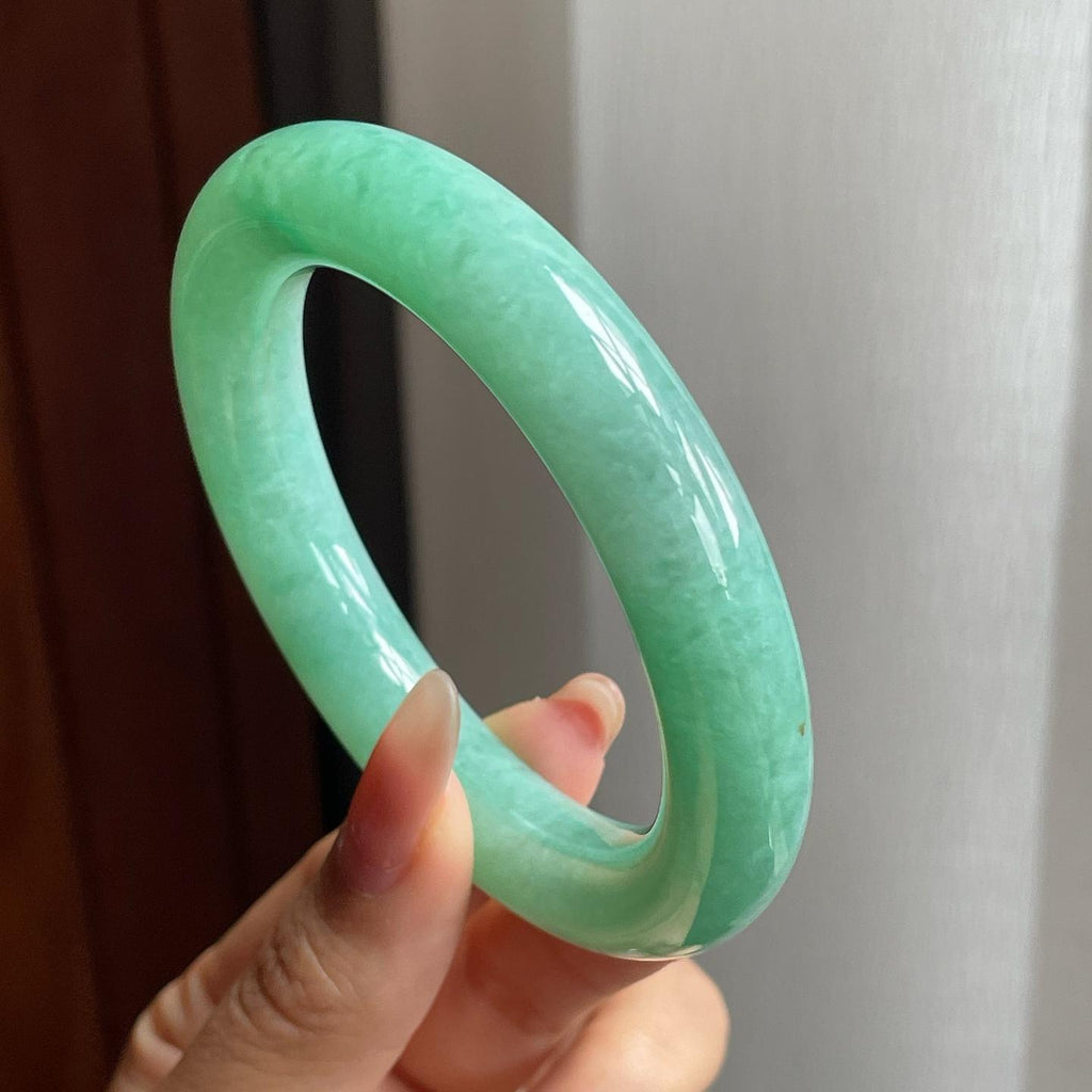 糯冰种豆绿满绿翡翠圆条手镯（54mm）（yc200134）