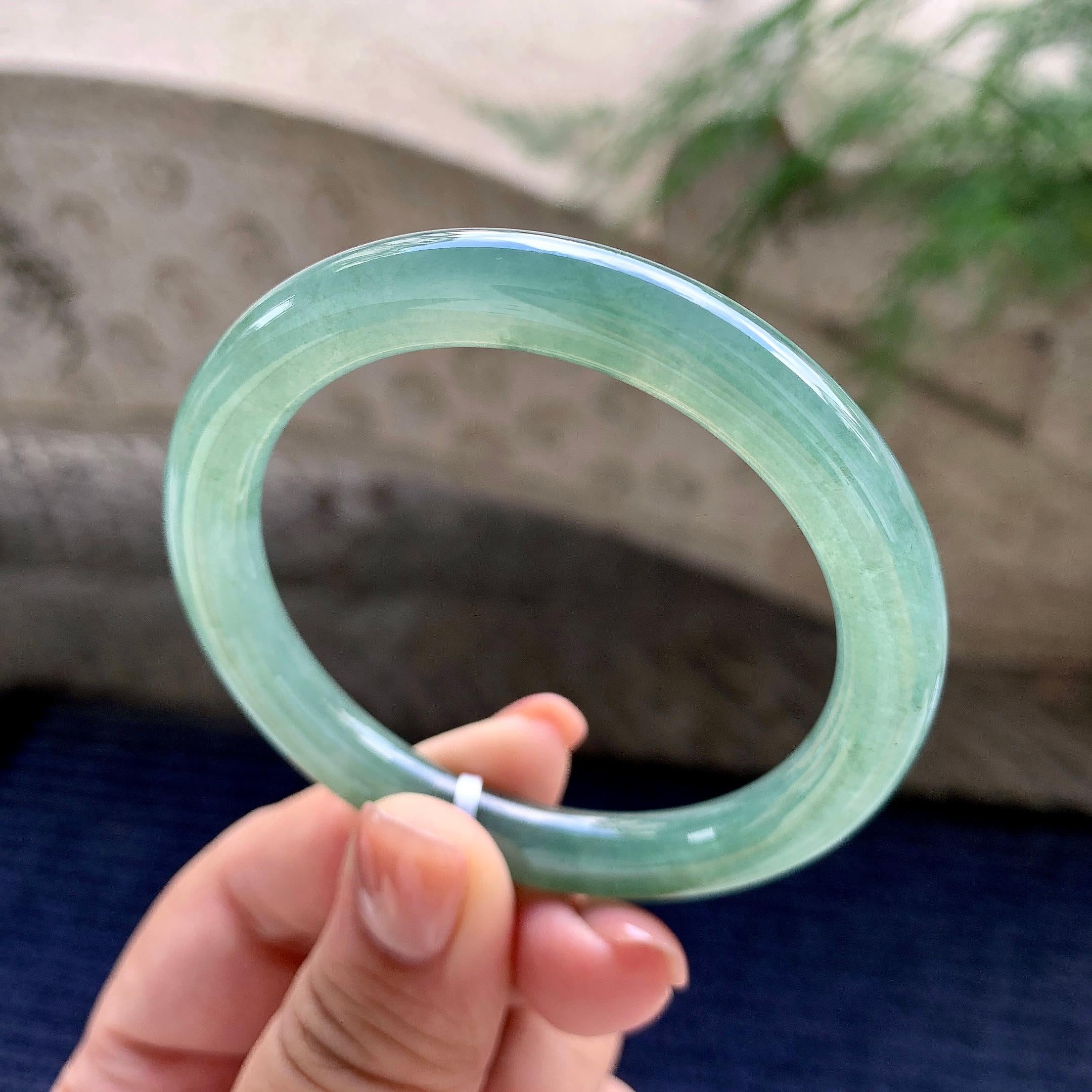 糯冰种蓝水圆条手镯 53圈口 天然缅甸A货翡翠（yc483938）
