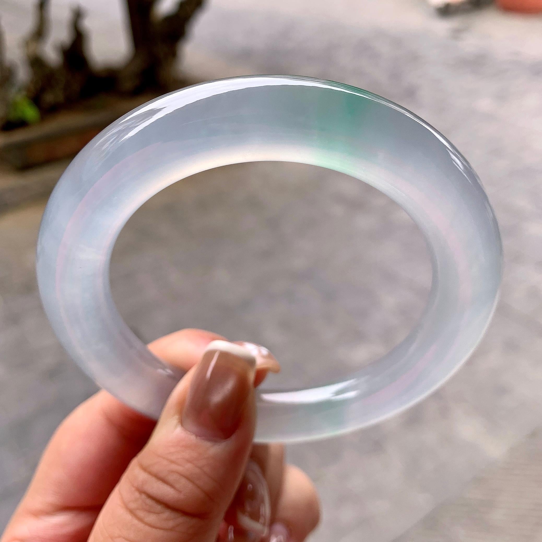大圈口 高冰种飘金丝翠圆条手镯 60.4圈口 天然缅甸A货翡翠（yc378734）