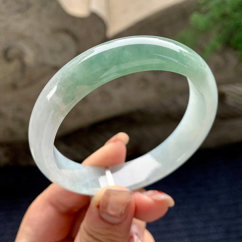 大圈口 细糯种油青半山水正圈平安镯 58.3圈口 天然缅甸A货翡翠（yc358876）