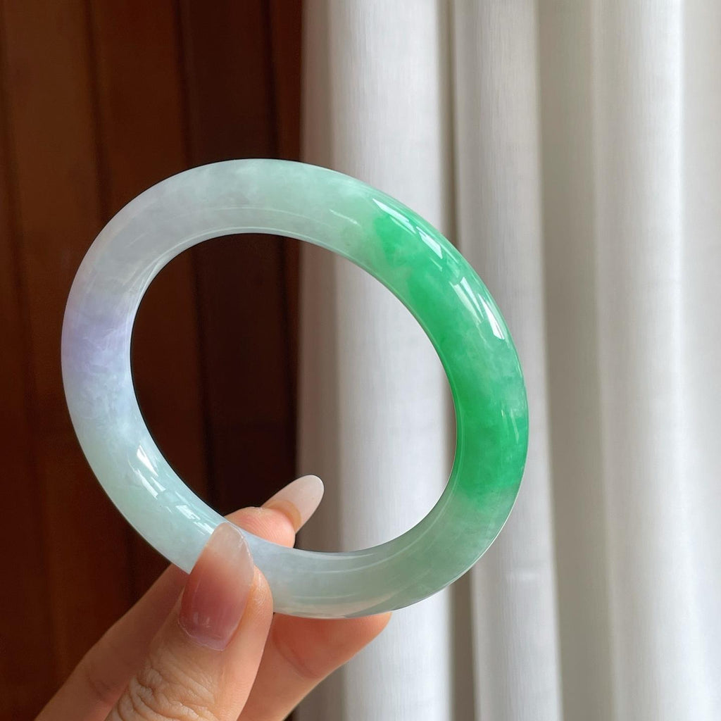 糯冰带色翡翠圆条手镯（59.5mm）（yc310546）