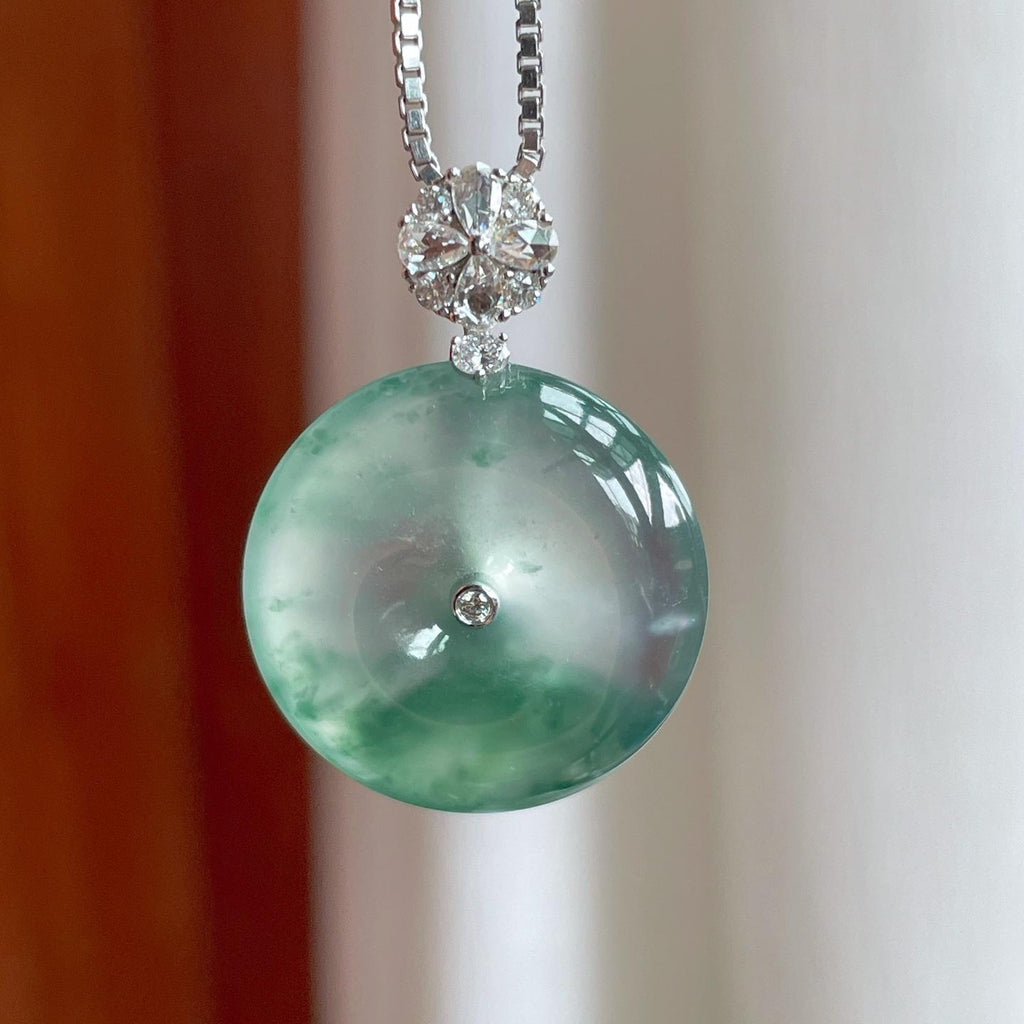 18k金镶冰种飘花翡翠平安扣（yc239690）