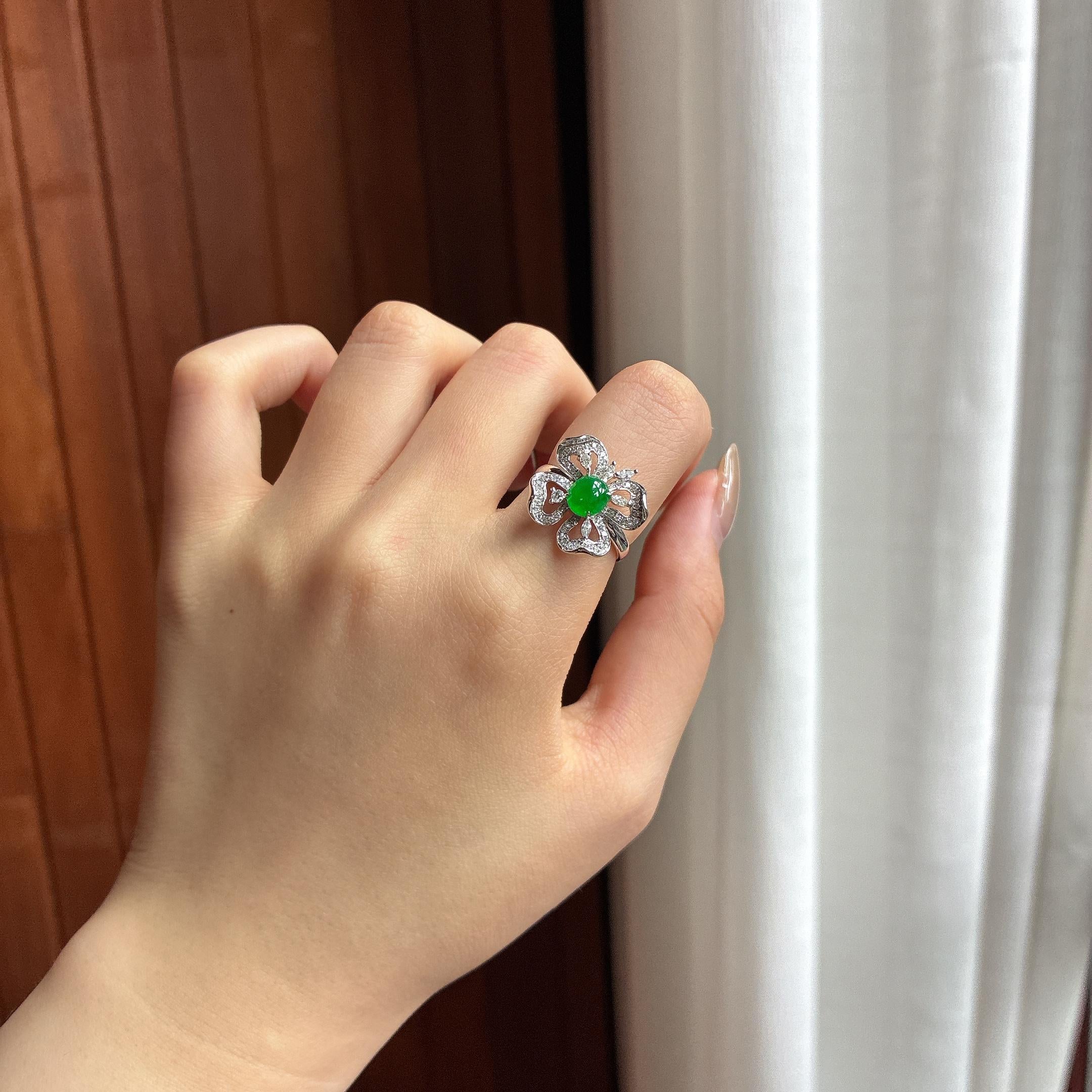 18k金镶冰种满绿戒指 天然缅甸A货翡翠（yc454939）