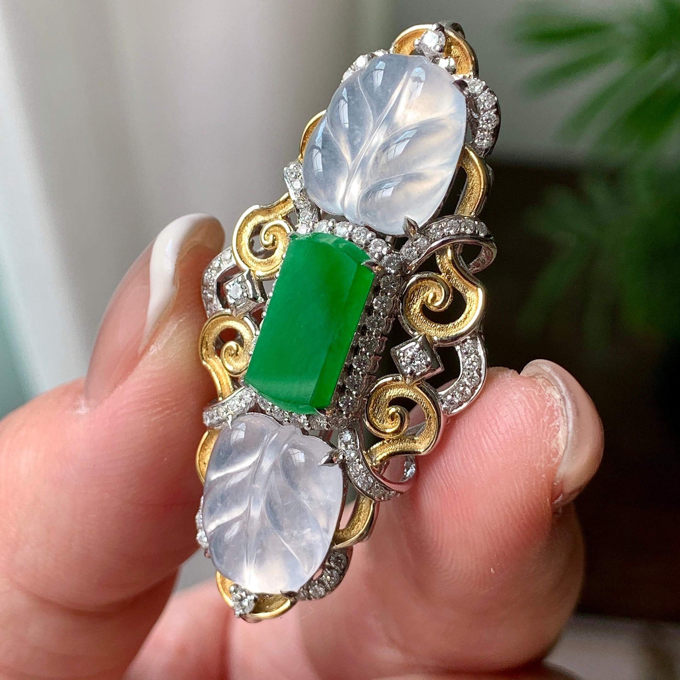 18K金钻镶糯冰种无色叶子胸针  天然缅甸A货翡翠（yc362094）