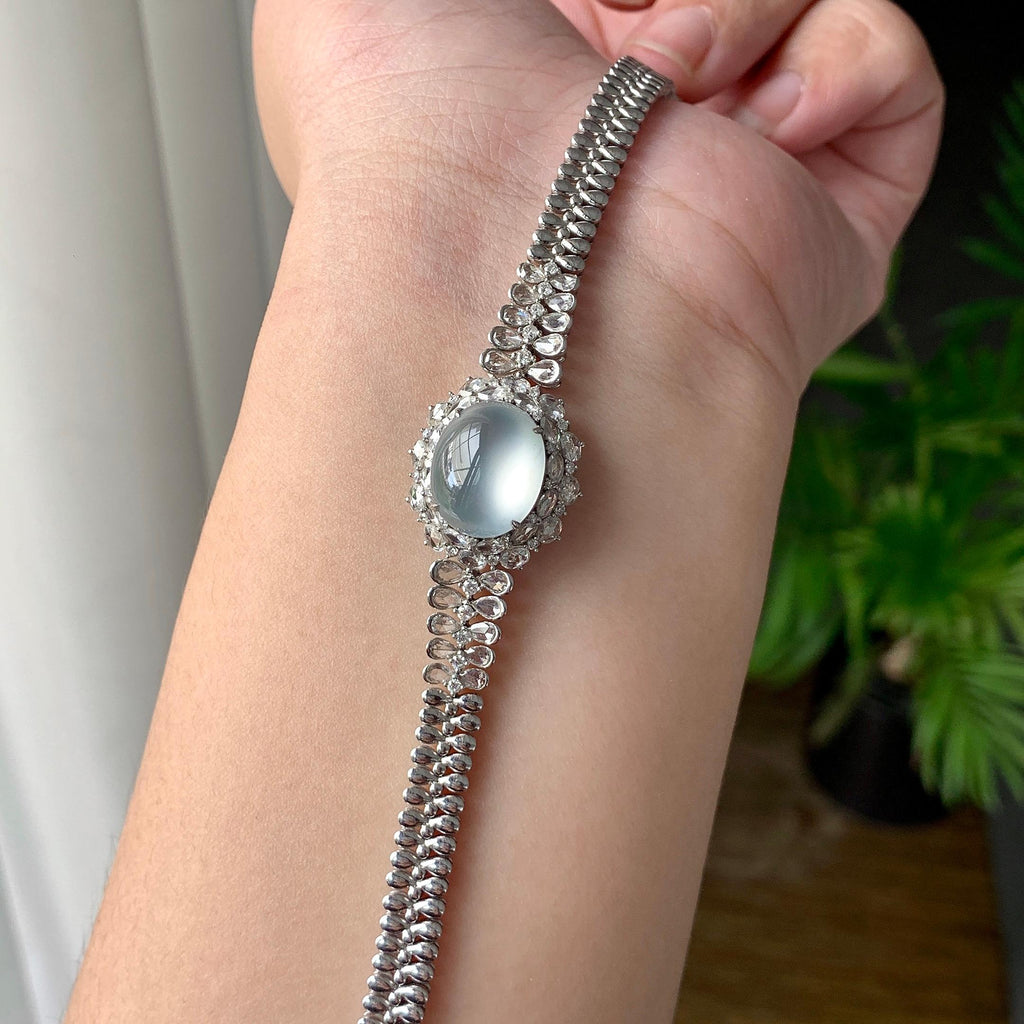 18K金钻镶冰种无色蛋面手链（yc224989）