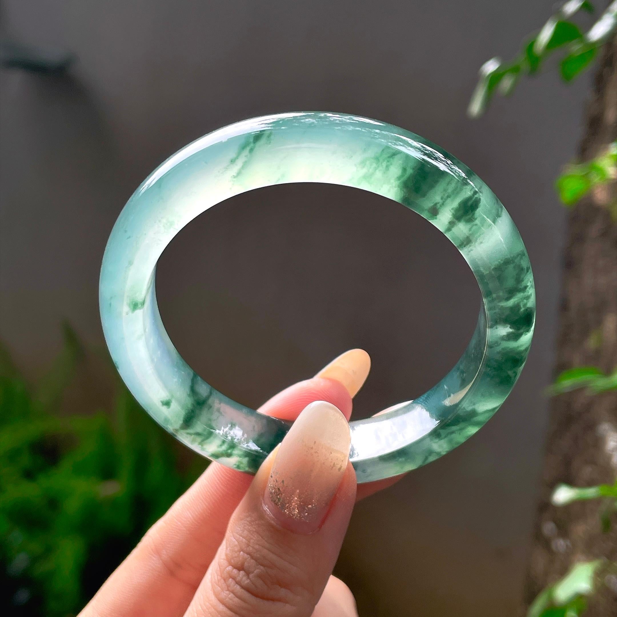 高冰种起光飘花正圈平安镯 55圈 天然缅甸Ａ货翡翠（yc502528）