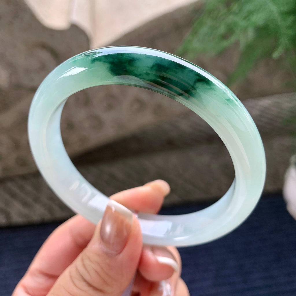 大圈口 糯冰种飘蓝花正圈平安镯 61圈口 天然缅甸A货翡翠（yc372345）
