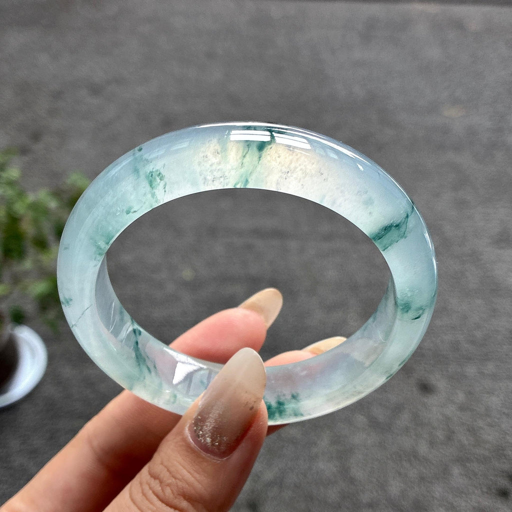 高冰种起光飘花正圈平安镯 56圈 天然缅甸翡翠Ａ货（yc487457）