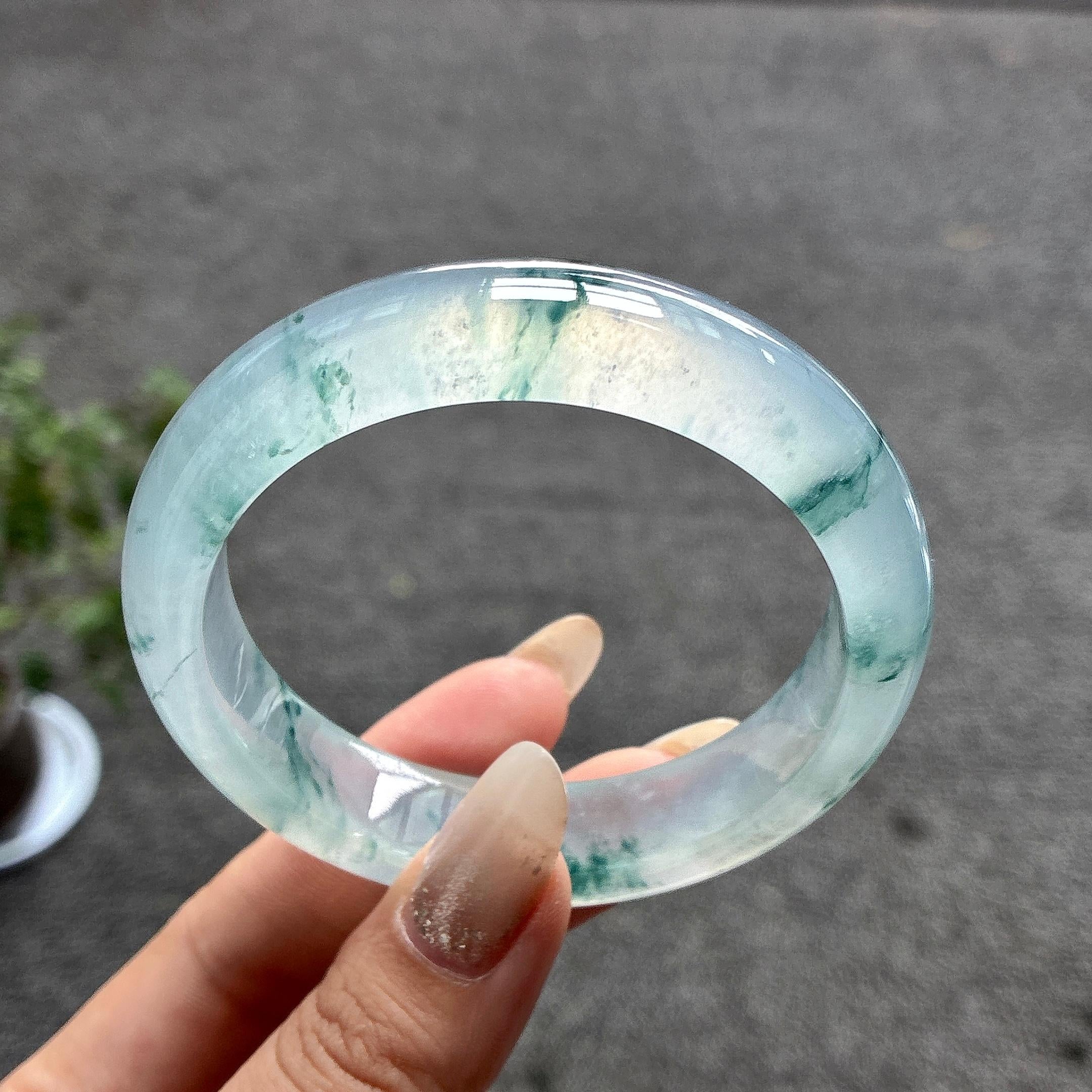 高冰种起光飘花正圈平安镯 56圈 天然缅甸翡翠Ａ货（yc487457）