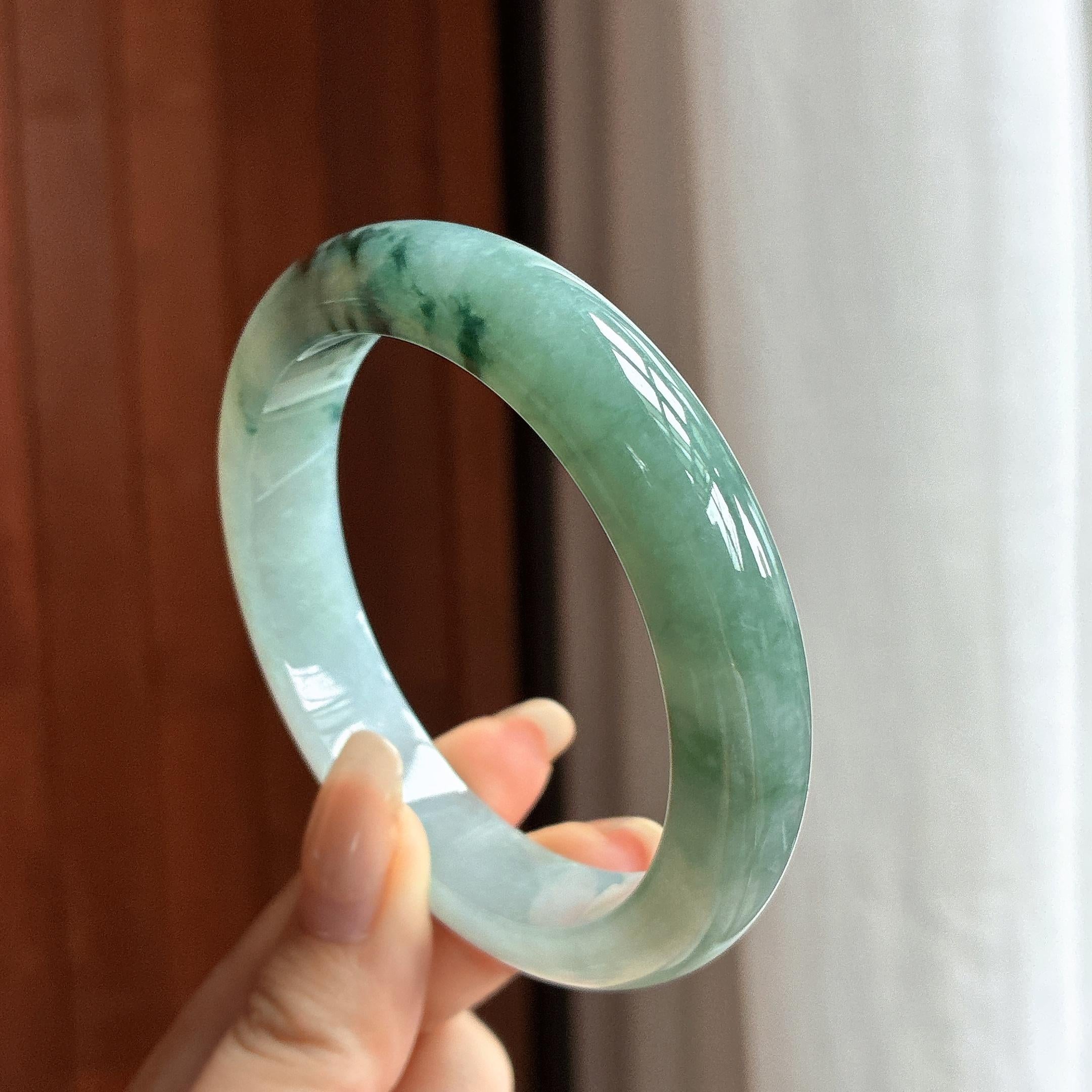 大圈口 细糯种飘花正圈平安镯 58圈 天然缅甸A货翡翠（yc460581）