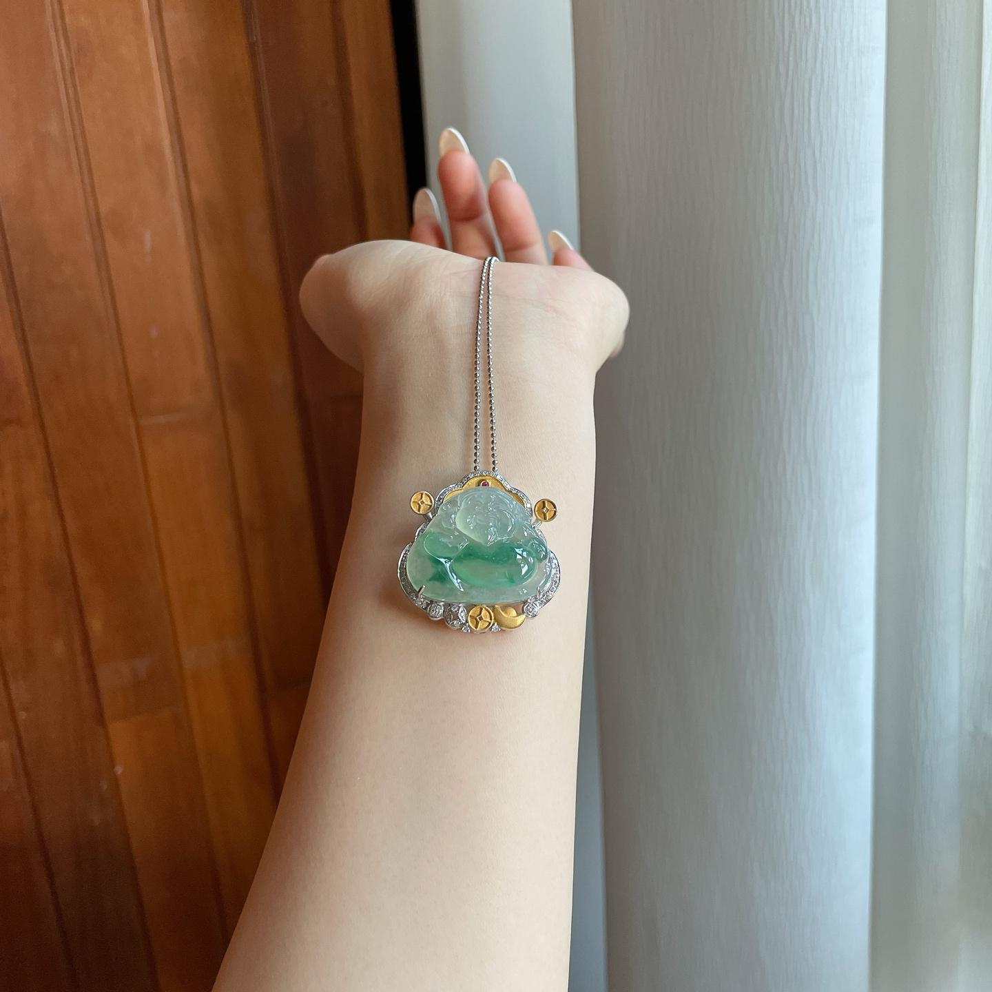 18k金钻镶冰种飘花翡翠财神（yc265746）