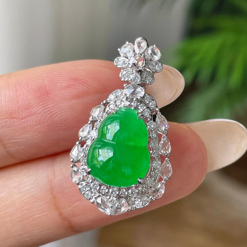 18k金钻镶冰种满绿葫芦吊坠       天然缅甸A货翡翠（yc415654）