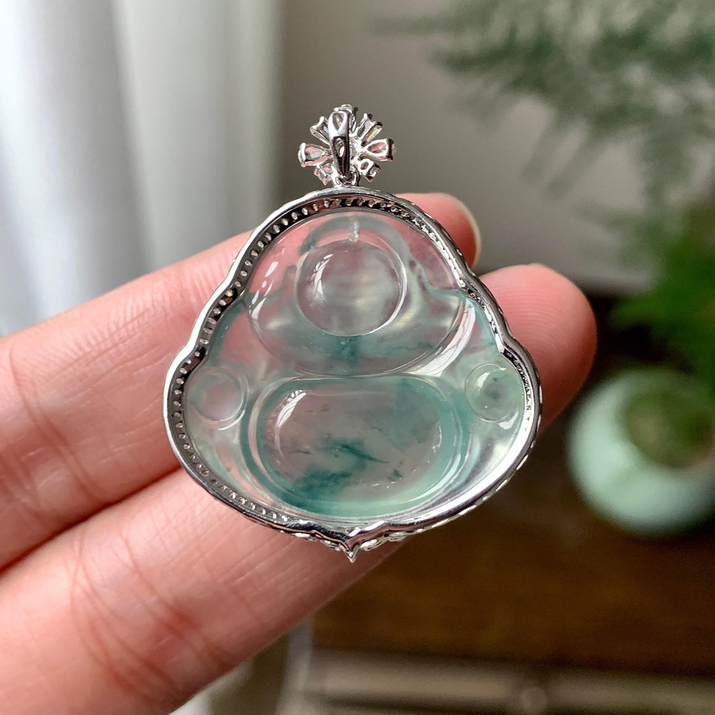 18K金钻镶糯冰种飘花佛公吊坠（yc261152）