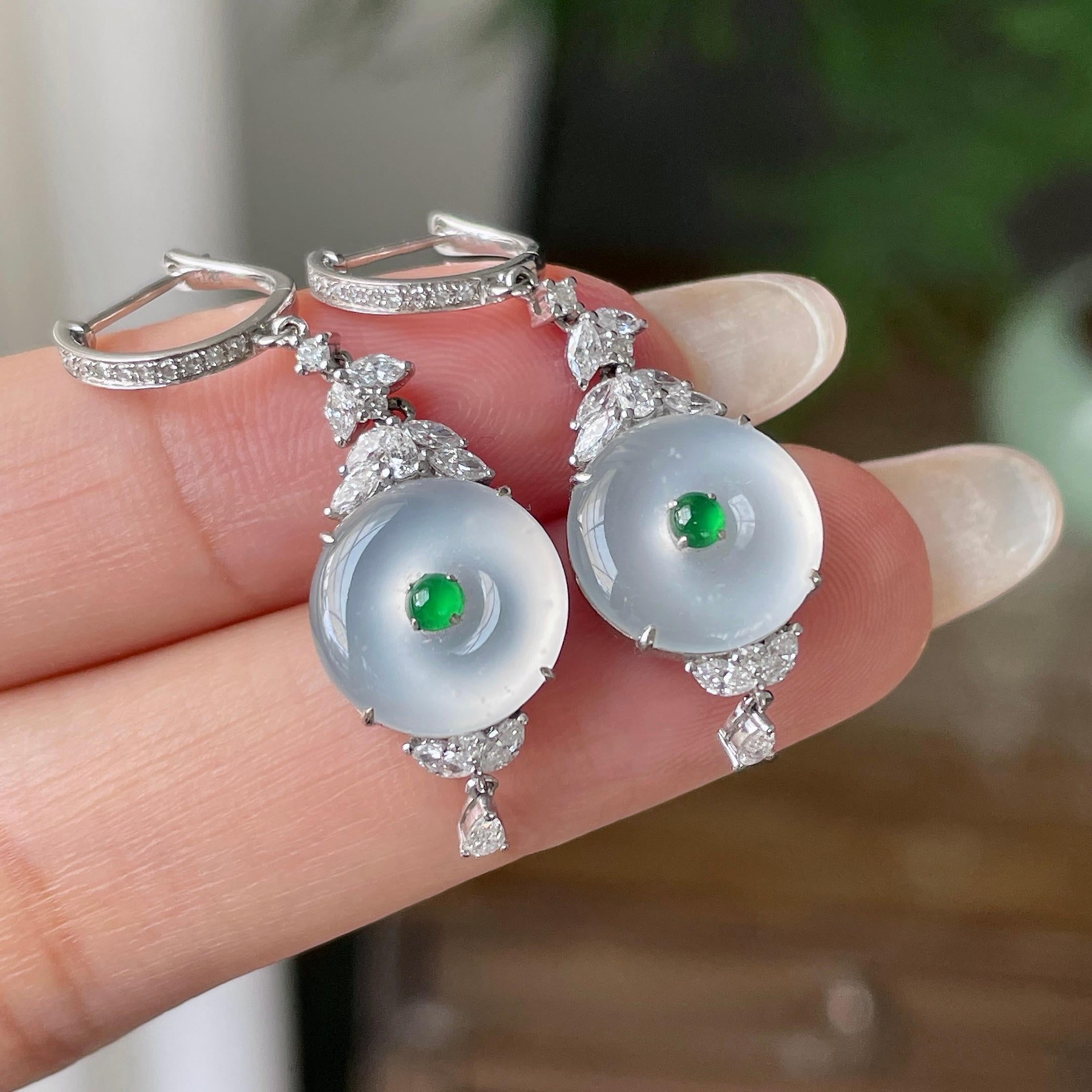 18k金钻镶冰种无色平安扣耳坠    天然缅甸A货翡翠（yc356856）