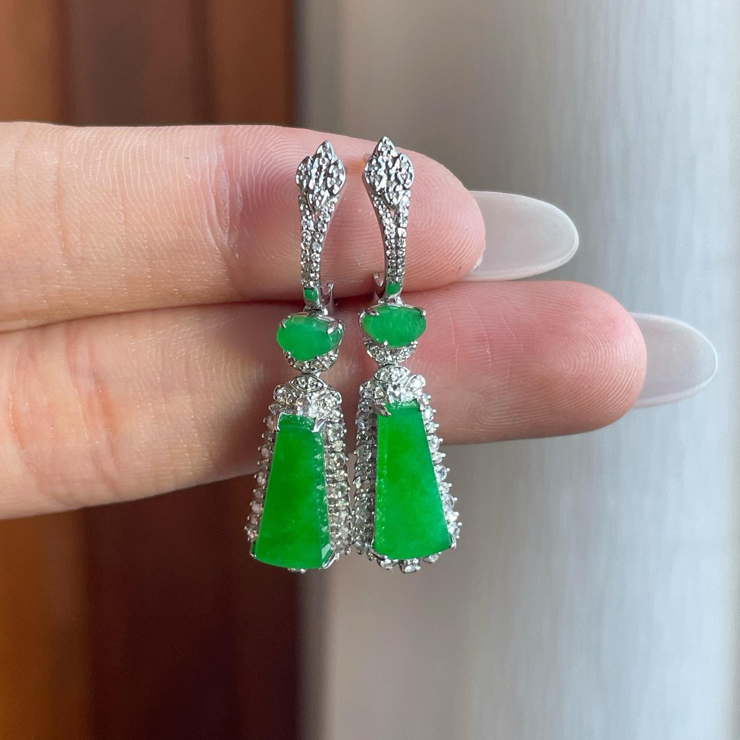 18k金钻镶糯冰满绿翡翠耳饰（yc257818）