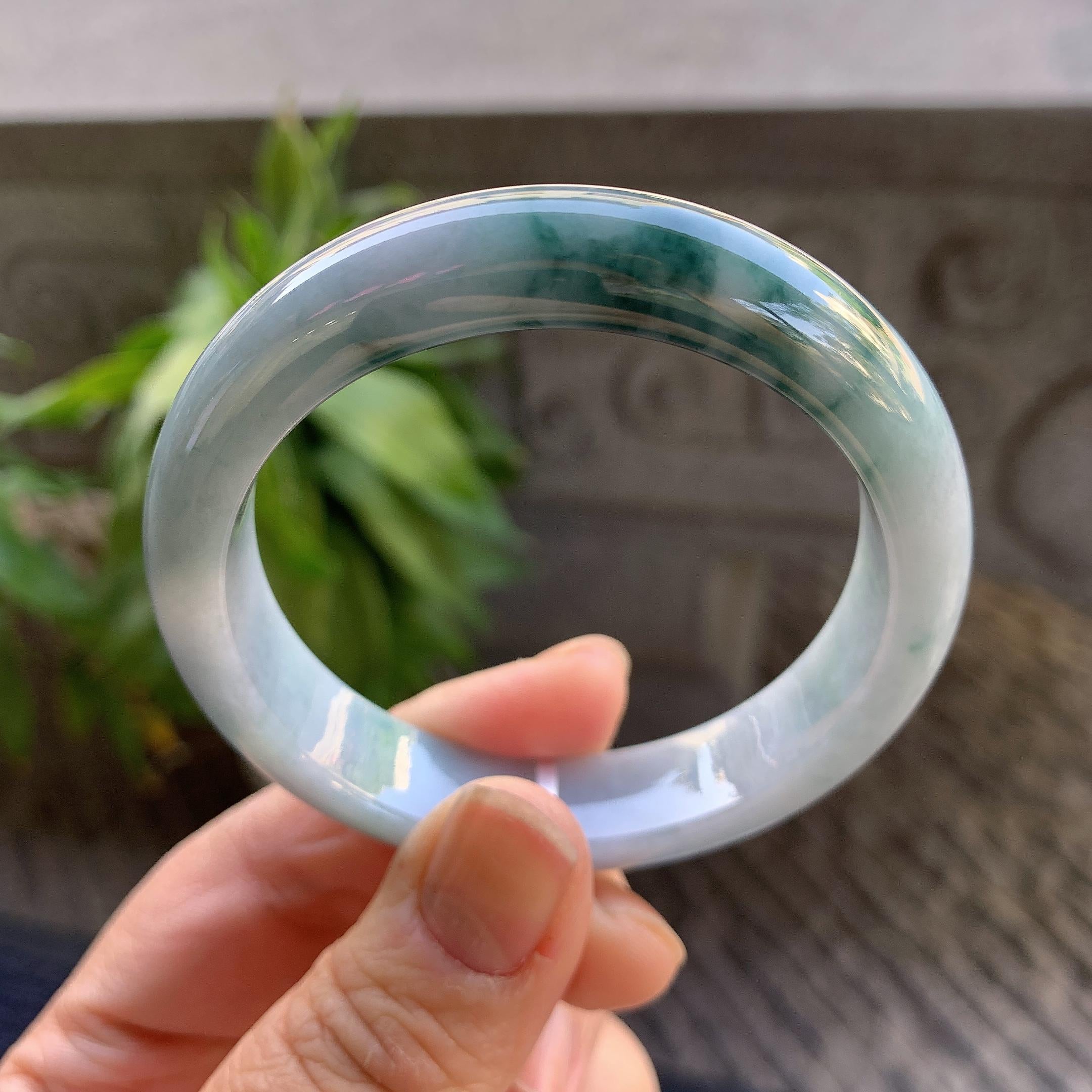 小圈口 细糯种飘蓝花正圈平安镯52.3圈口 天然缅甸A货翡翠（yc330299）