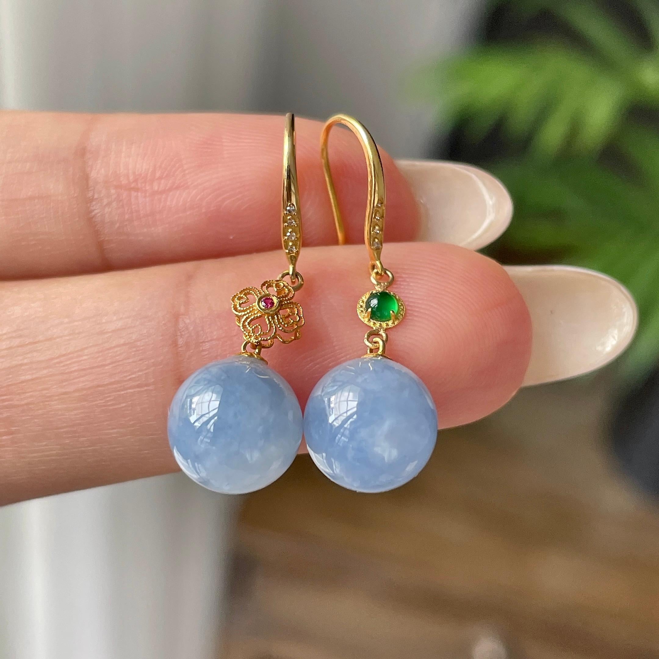 18k金镶细糯种紫罗兰圆珠耳坠        天然缅甸A货翡翠（yc421324）
