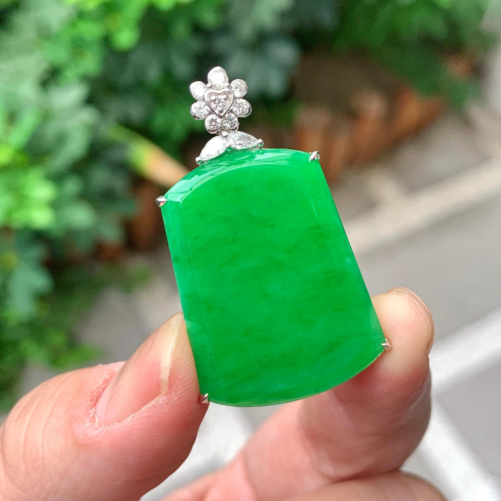 18K金钻镶糯冰种满绿无事牌吊坠（yc261126）