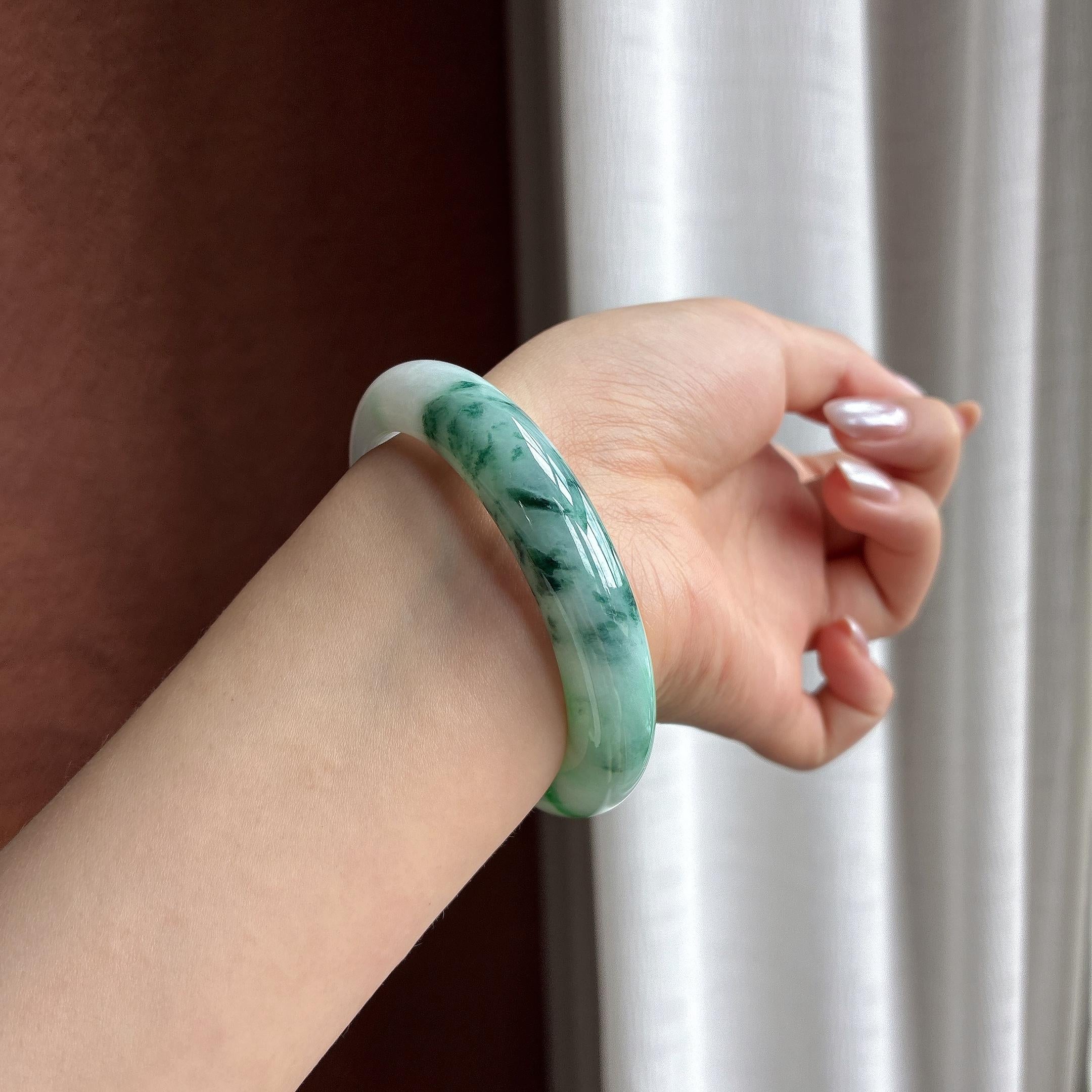 细糯冰飘花正圈平安镯 54圈 天然缅甸A货翡翠（yc526996）