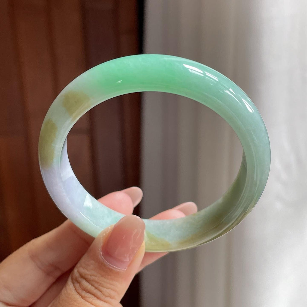 细糯冰带色特色正圈平安镯 53圈 天然缅甸A货翡翠（yc693814）
